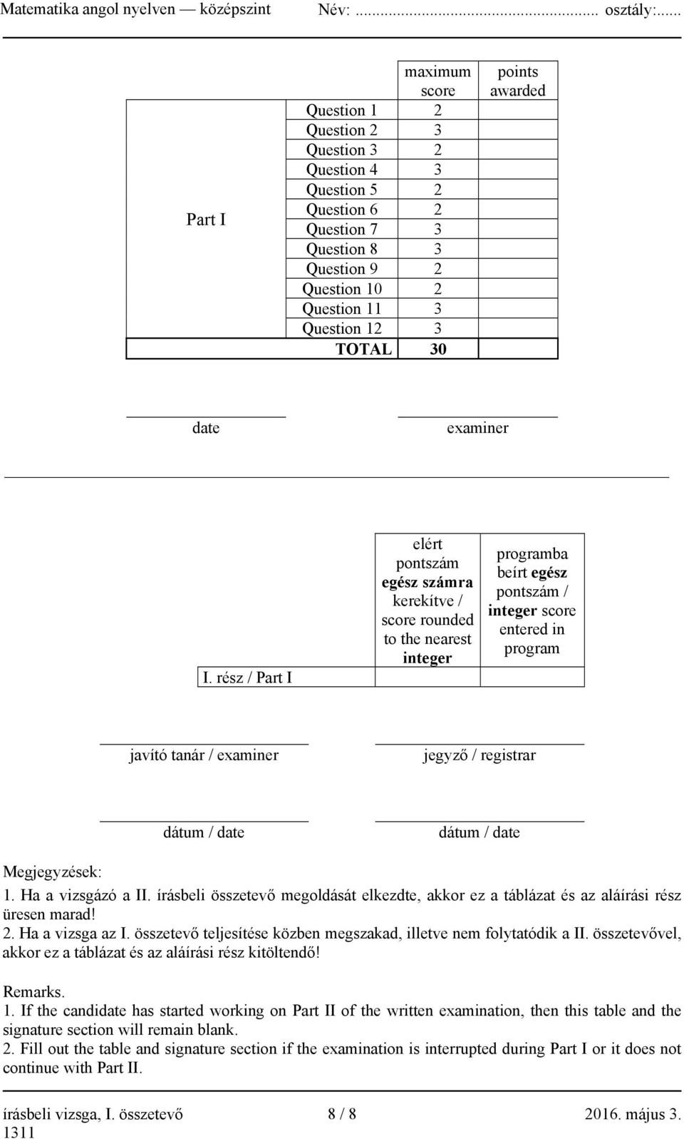 rész / Part I elért pontszám egész számra kerekítve / score rounded to the nearest integer programba beírt egész pontszám / integer score entered in program javító tanár / examiner jegyző / registrar