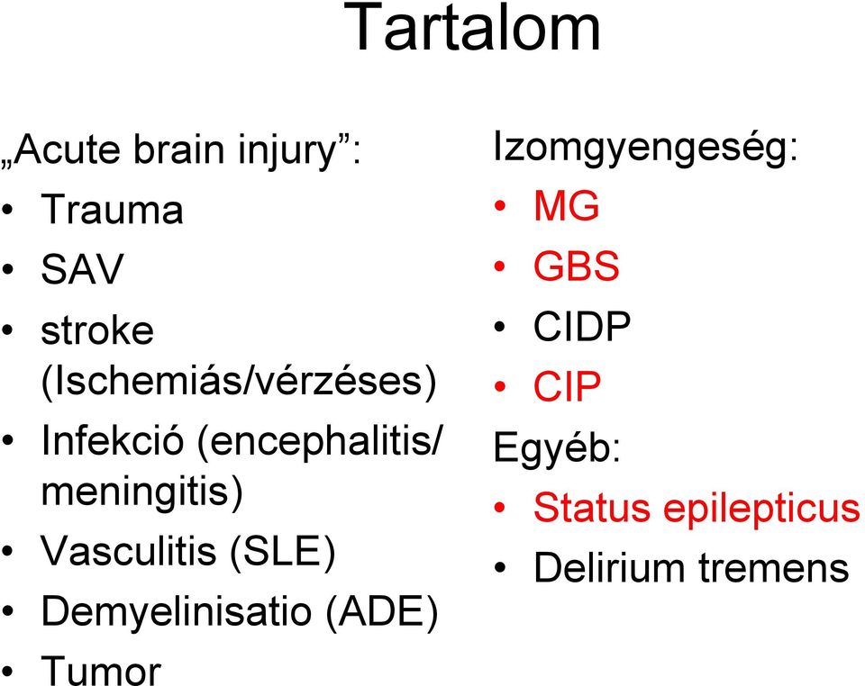 meningitis) Vasculitis (SLE) Demyelinisatio (ADE) Tumor