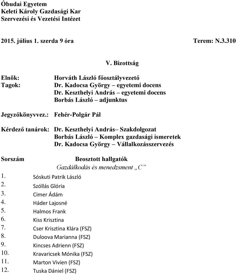 Keszthelyi András Szakdolgozat Borbás László Komplex gazdasági ismeretek Dr. Kadocsa György Vállalkozásszervezés 1. Sóskuti Patrik László 2. Szóllás Glória 3.