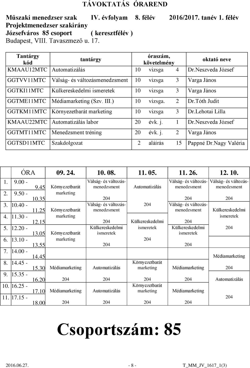 Tóth Judit GGTKM11MTC Környezetbarát marketing 10 vizsga 3 Dr.Lehotai Lilla KMAAU22MTC Automatizálás labor 20 évk. j. 1 Dr.Neszveda József GGTMT11MTC Menedzsment tréning 20 évk. j. 2 Varga János GGTSD11MTC Szakdolgozat 2 aláírás 15 Pappné Dr.