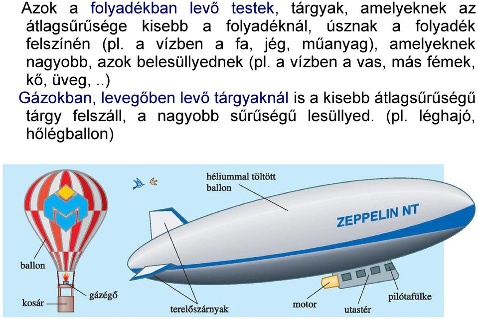 a vízben a fa, jég, műanyag), amelyeknek nagyobb, azok belesüllyednek (pl.