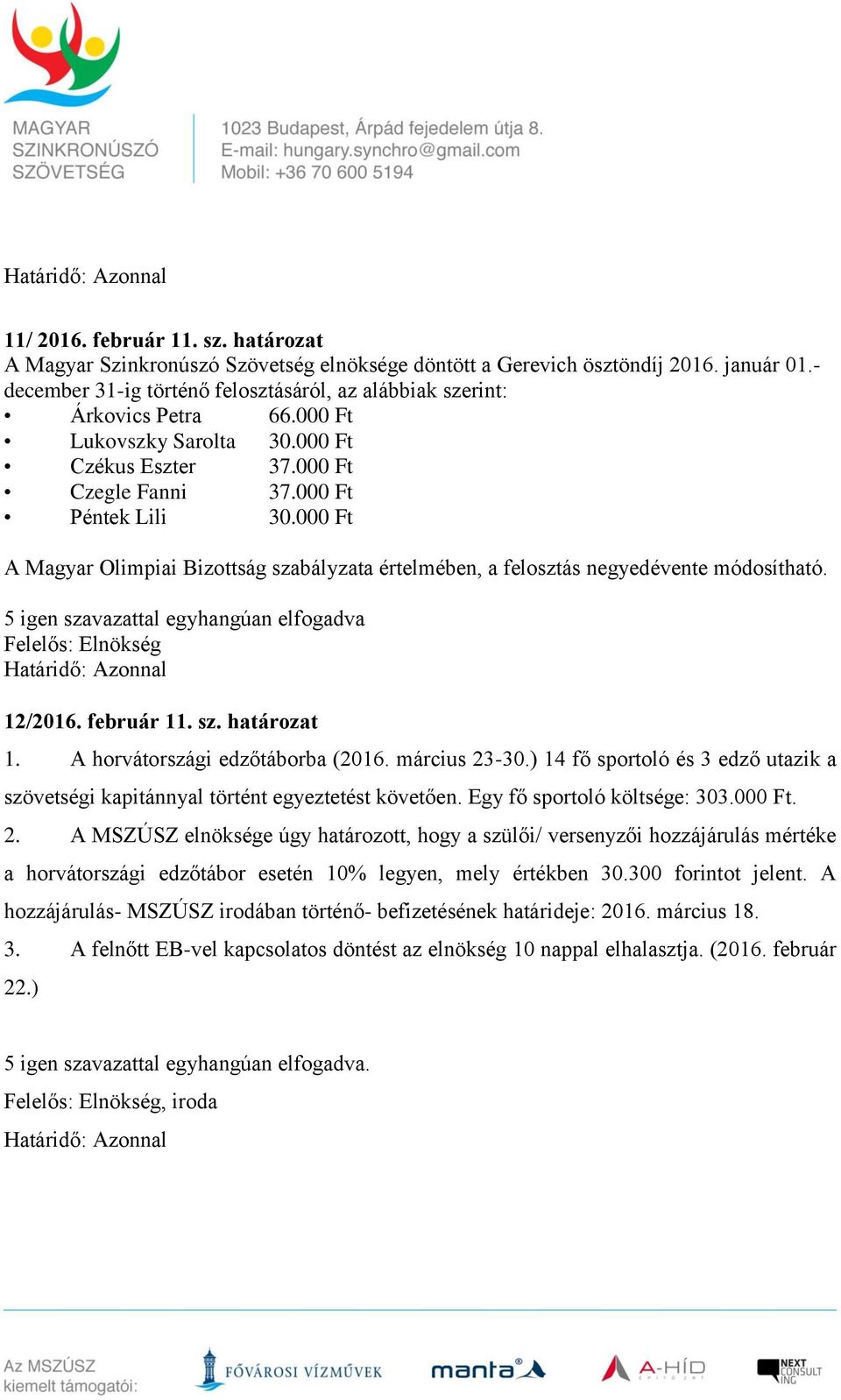 000 Ft A Magyar Olimpiai Bizottság szabályzata értelmében, a felosztás negyedévente módosítható. 12/2016. február 11. sz. határozat 1. A horvátországi edzőtáborba (2016. március 23-30.