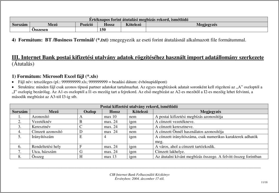 Internet Bank postai kifizetési utalvány adatok rögzítéséhez használt import adatállomány szerkezete (Átutalás) 1) Formátum: Microsoft Excel fájl (*.xls) Fájl név: tetszőleges (pl.: 999999999.