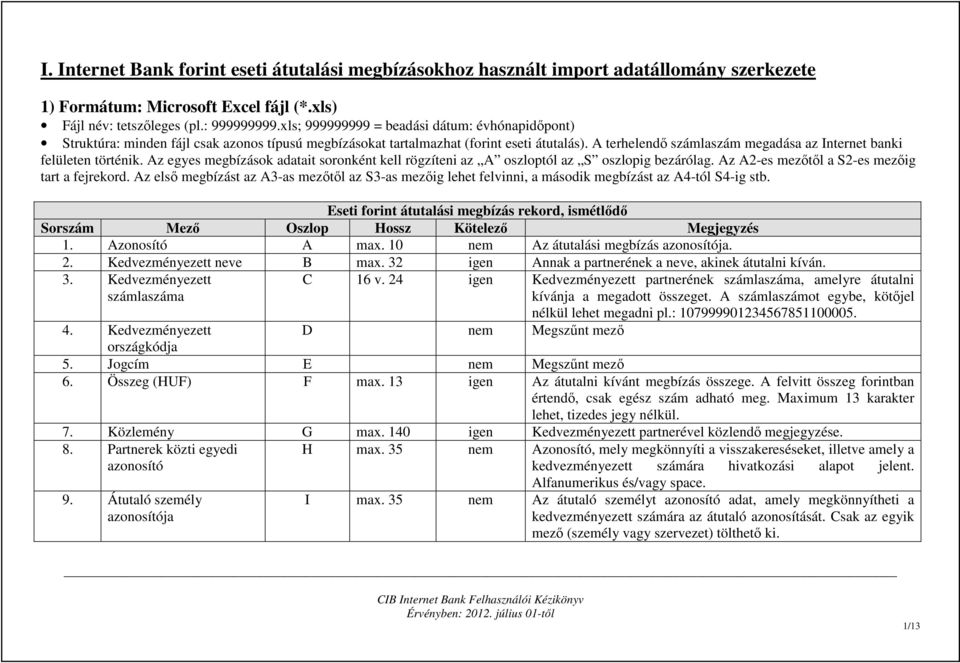 A terhelendı számlaszám megadása az Internet banki felületen történik. Az egyes megbízások adatait soronként kell rögzíteni az A oszloptól az S oszlopig bezárólag.