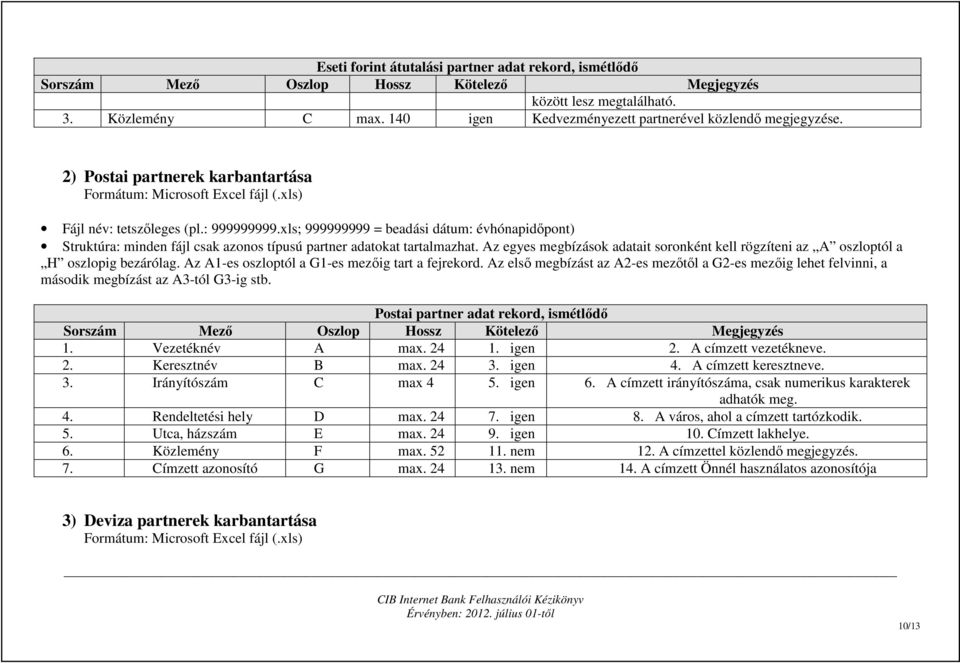 xls; 999999999 = beadási dátum: évhónapidıpont) Struktúra: minden fájl csak azonos típusú partner adatokat tartalmazhat.