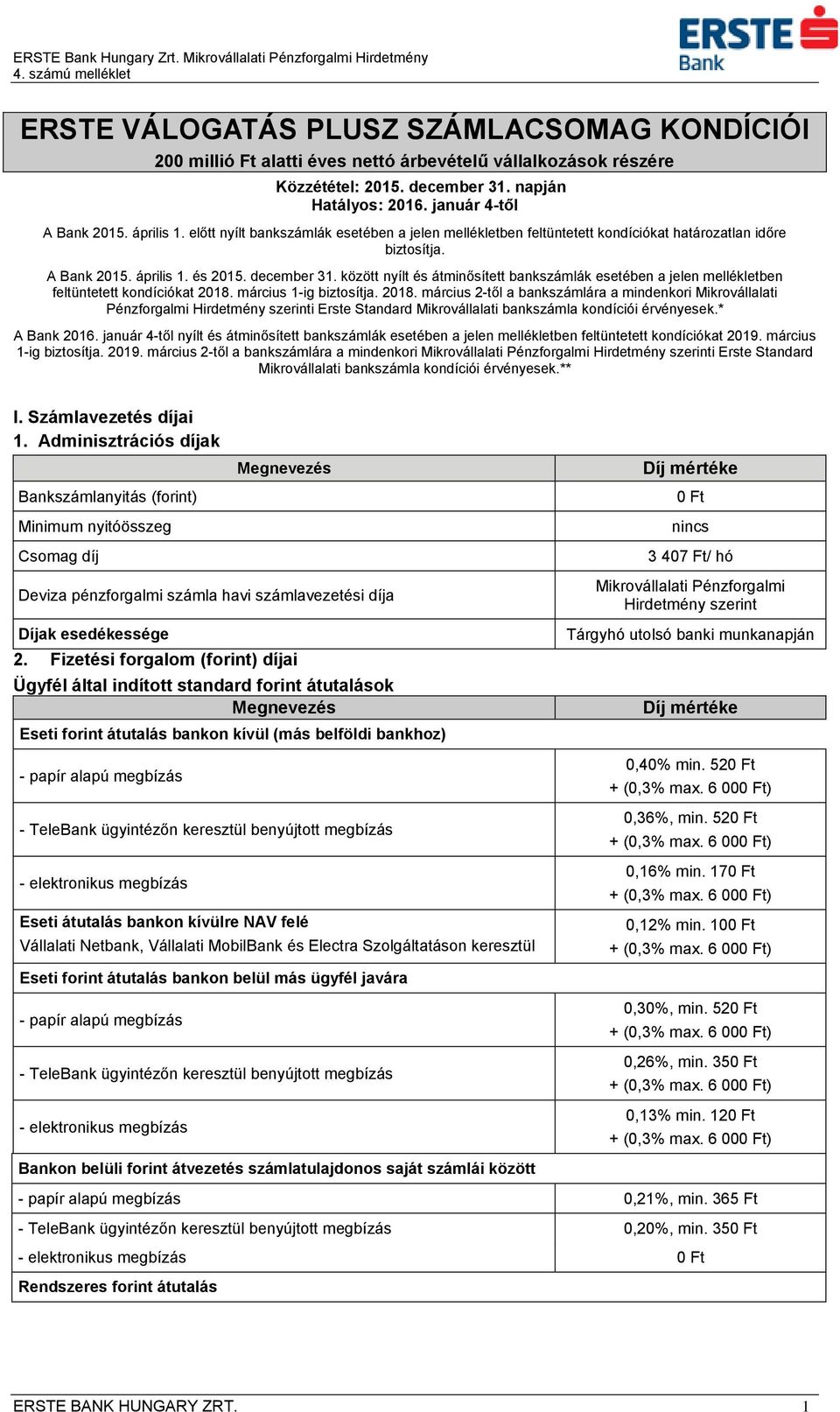 december 31. között nyílt és átminősített bankszámlák esetében a jelen mellékletben feltüntetett kondíciókat 2018.