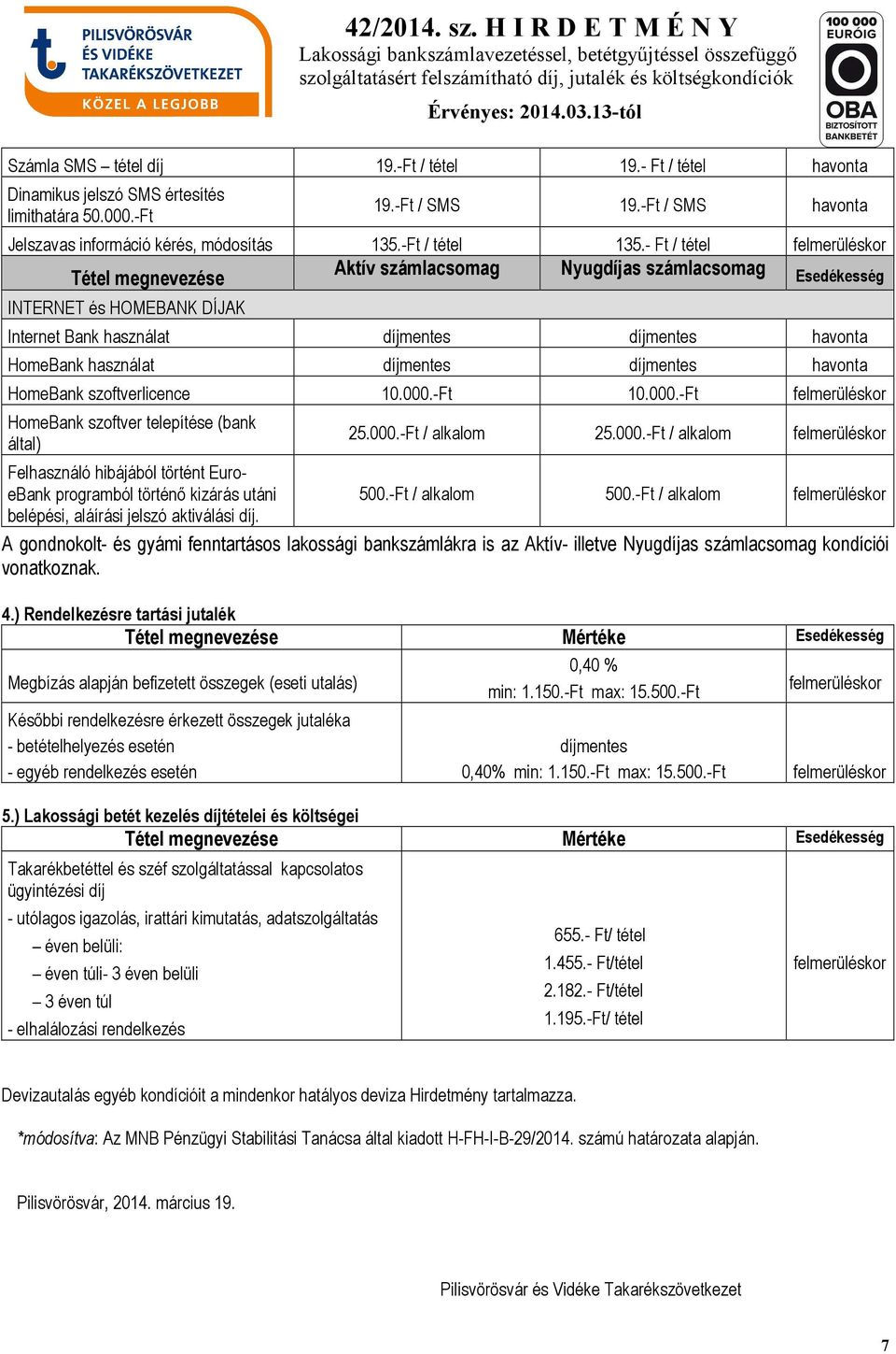 -Ft 10.000.-Ft HomeBank szoftver telepítése (bank által) 25.000.-Ft / alkalom 25.000.-Ft / alkalom Felhasználó hibájából történt EuroeBank programból történı kizárás utáni 500.-Ft / alkalom 500.