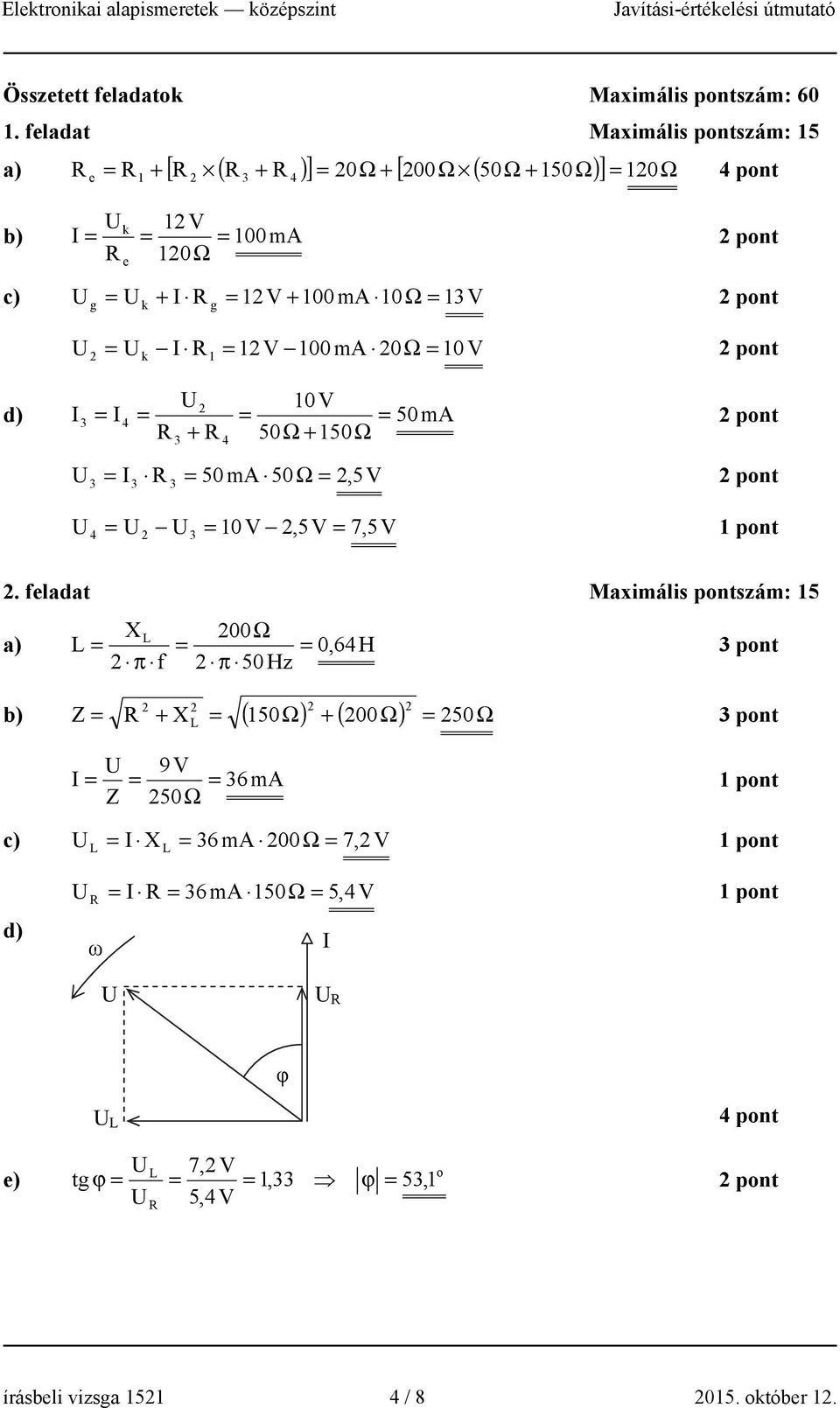 g k g k I R V 00m 0Ω 0V 0V d) I3 I 4 50m R + R 50Ω + 50Ω 3 3 3 3 4 I R 50 m 50Ω,5V 4 3 0 V,5V 7,5V pont.