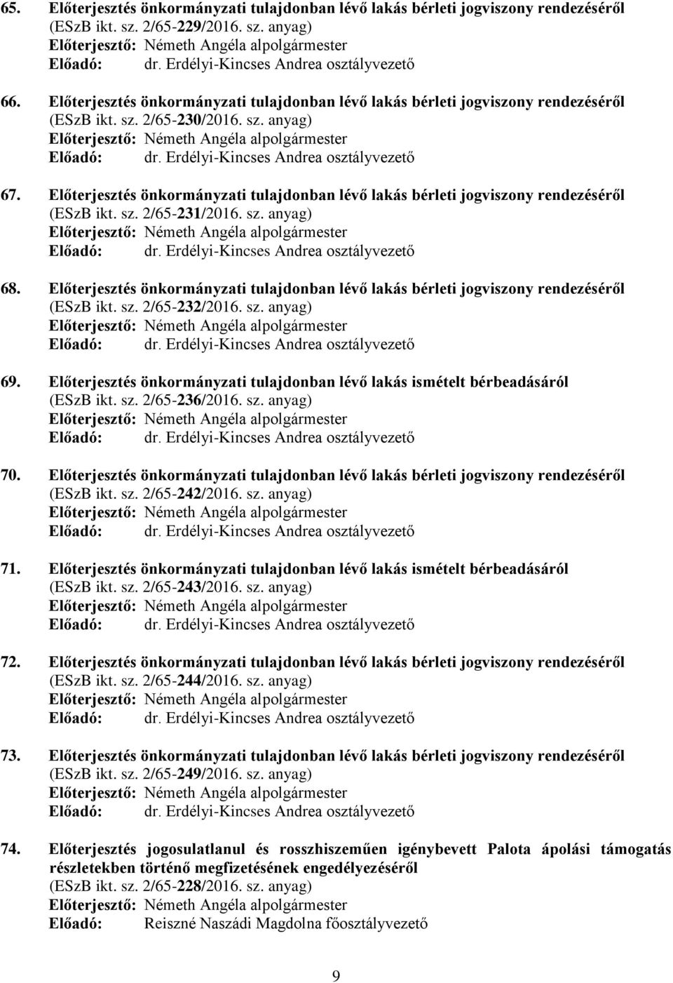 Előterjesztés önkormányzati tulajdonban lévő lakás bérleti jogviszony rendezéséről (ESzB ikt. sz. 2/65-231/2016. sz. anyag) 68.