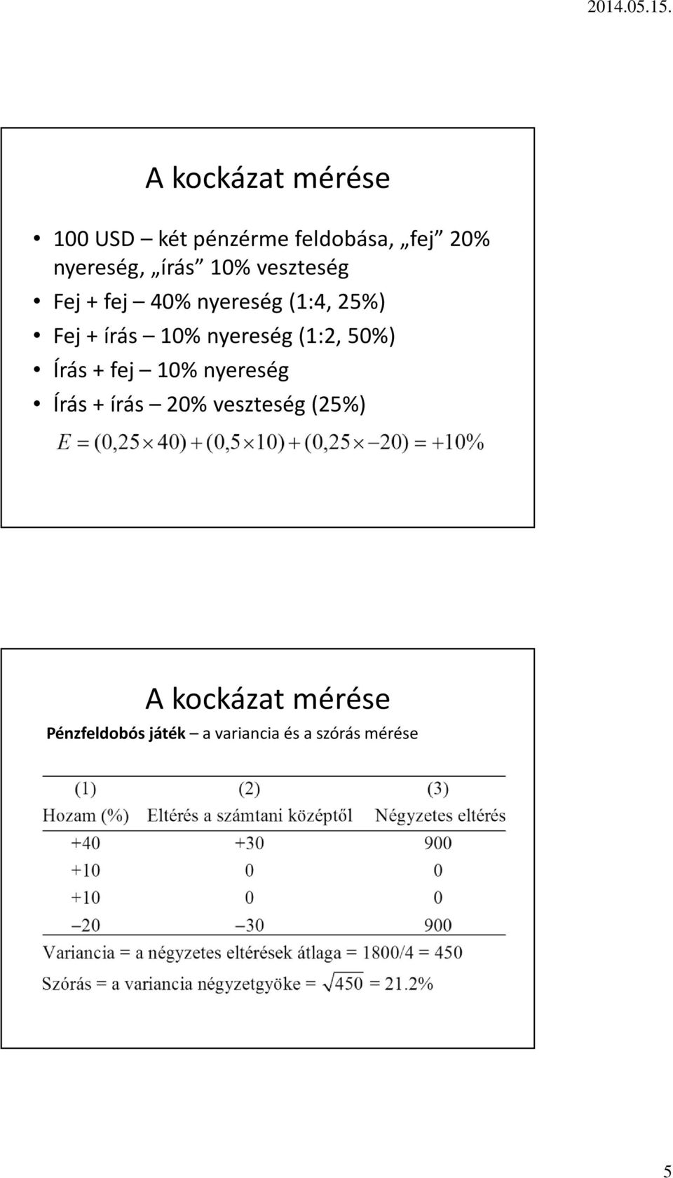 nyereség (1:2, 50%) Írás + fej 10% nyereség Írás + írás 20% veszteség