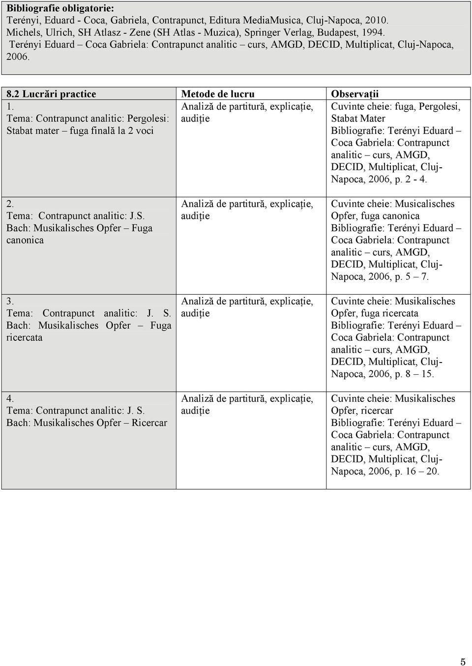 Pergolesi: Stabat mater fuga finală la 2 voci, Cuvinte cheie: fuga, Pergolesi, Stabat Mater Napoca, 2006, p. 2-4. 2. J.S. Bach: Musikalisches Opfer Fuga canonica 3. J. S. Bach: Musikalisches Opfer Fuga ricercata 4.