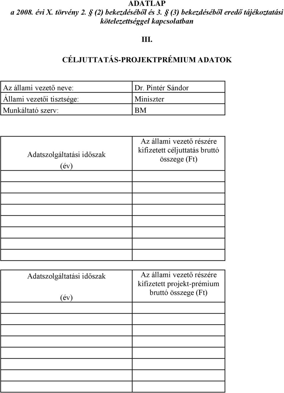 CÉLJUTTATÁS-PROJEKTPRÉMIUM ADATOK Miniszter BM Az állami vezető részére