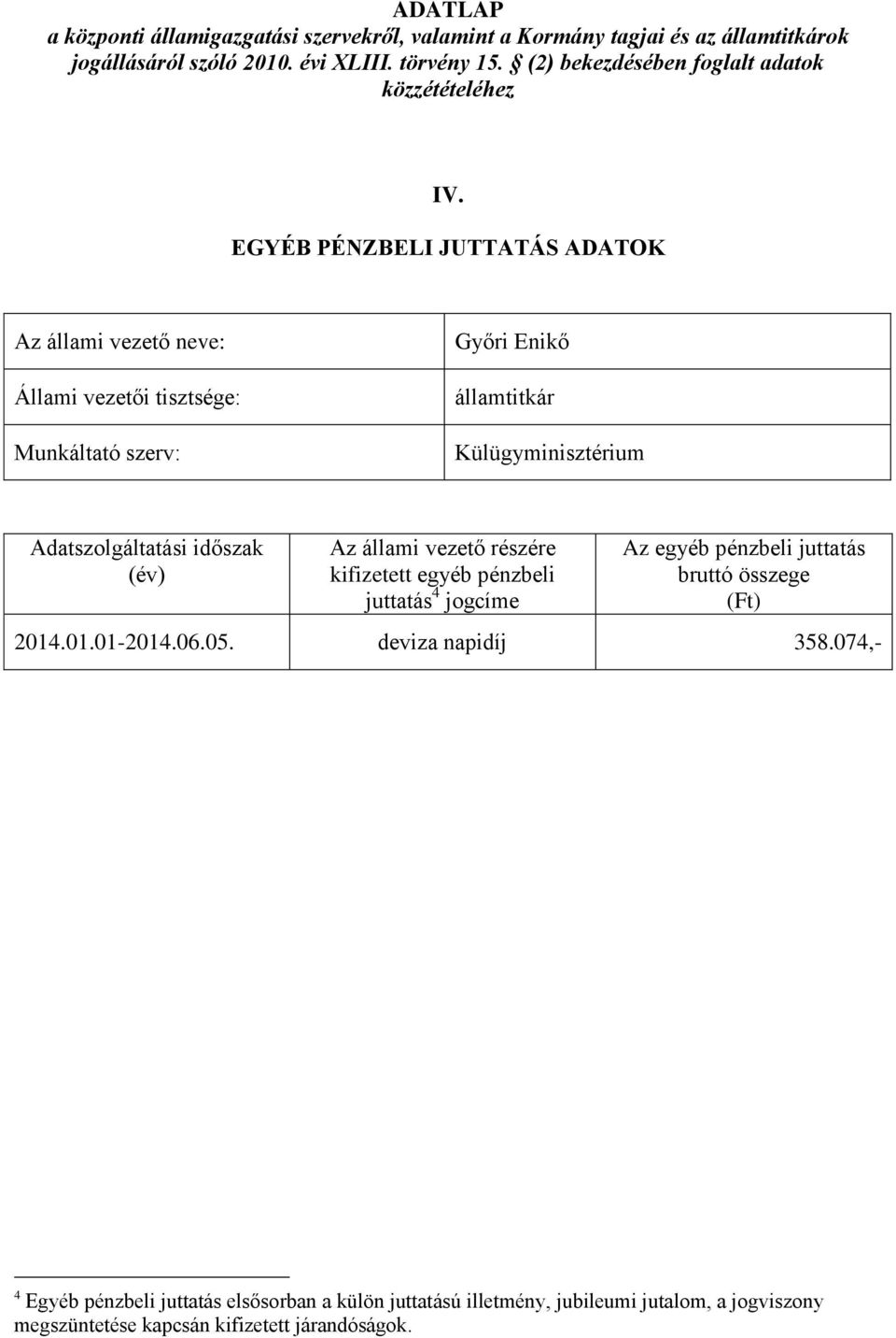 jogcíme Az egyéb pénzbeli juttatás 2014.01.01-2014.06.05. deviza napidíj 358.