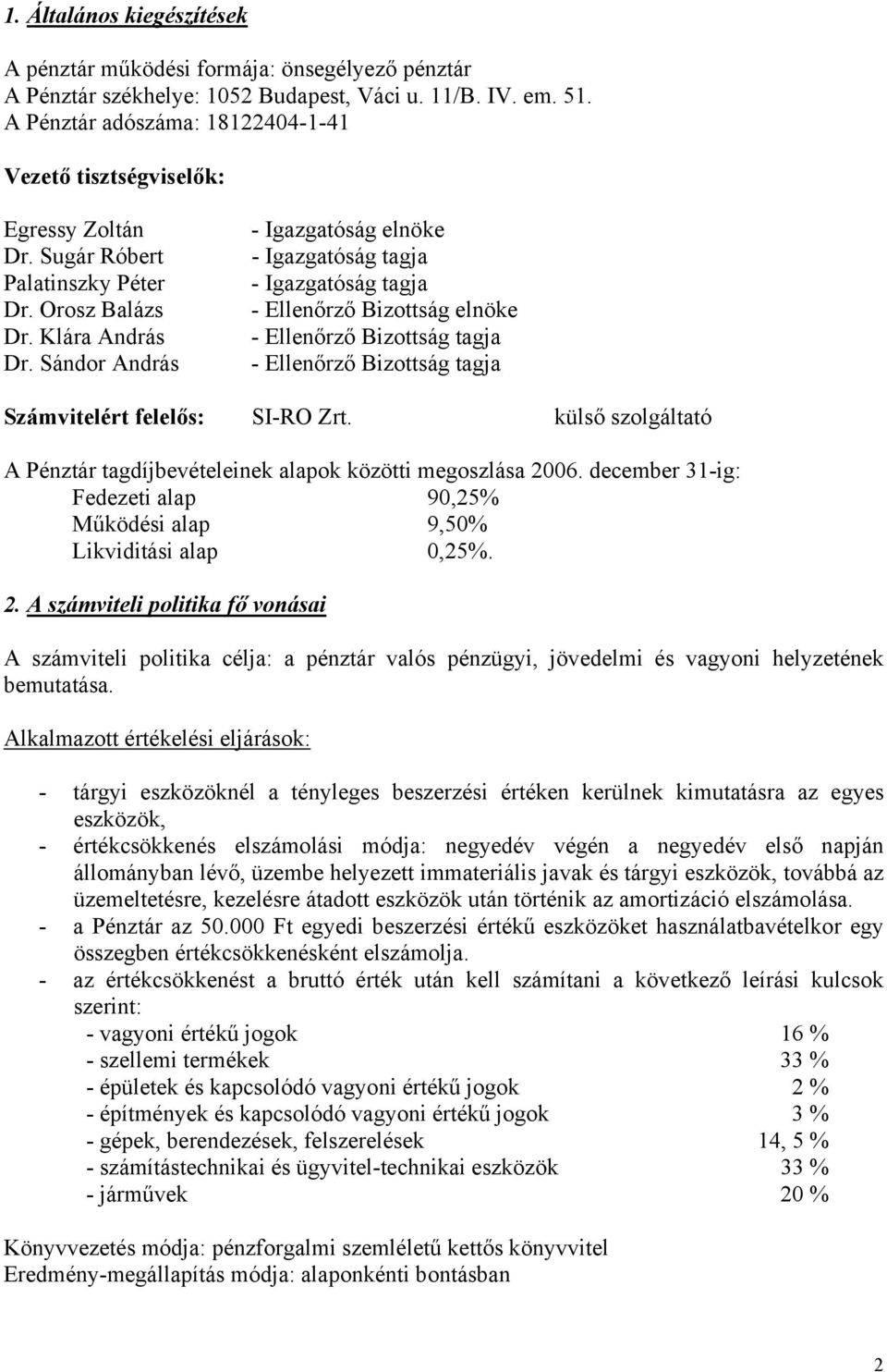 Sándor András - Igazgatóság elnöke - Igazgatóság tagja - Igazgatóság tagja - Ellenőrző Bizottság elnöke - Ellenőrző Bizottság tagja - Ellenőrző Bizottság tagja Számvitelért felelős: SI-RO Zrt.