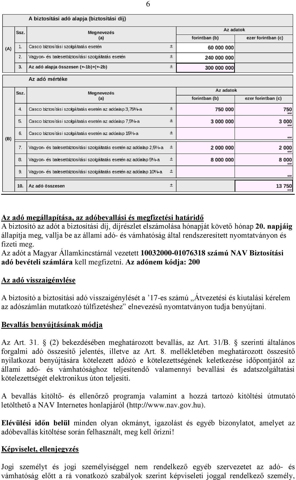 Az adót a Magyar Államkincstárnál vezetett 10032000-01076318 számú NAV Biztosítási adó bevételi számlára kell megfizetni.