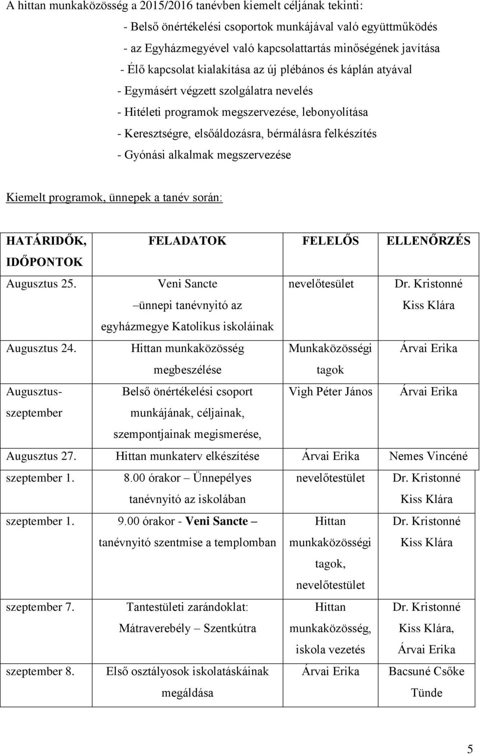 - Gyónási alkalmak megszervezése Kiemelt programok, ünnepek a tanév során: HATÁRIDŐK, FELADATOK FELELŐS ELLENŐRZÉS IDŐPONTOK Augusztus 25.