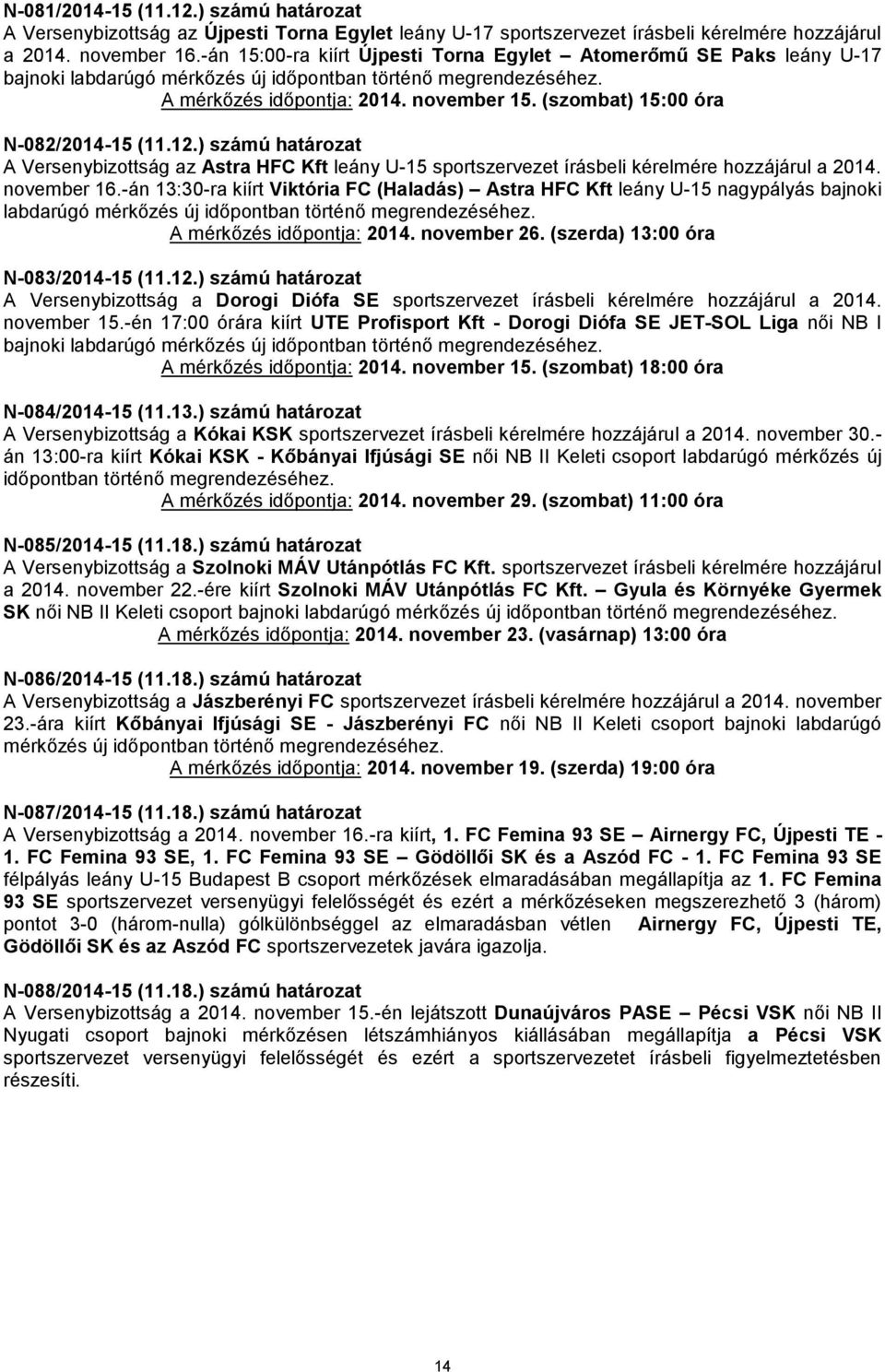 (szombat) 15:00 óra N-082/2014-15 (11.12.) számú határozat A Versenybizottság az Astra HFC Kft leány U-15 sportszervezet írásbeli kérelmére hozzájárul a 2014. november 16.