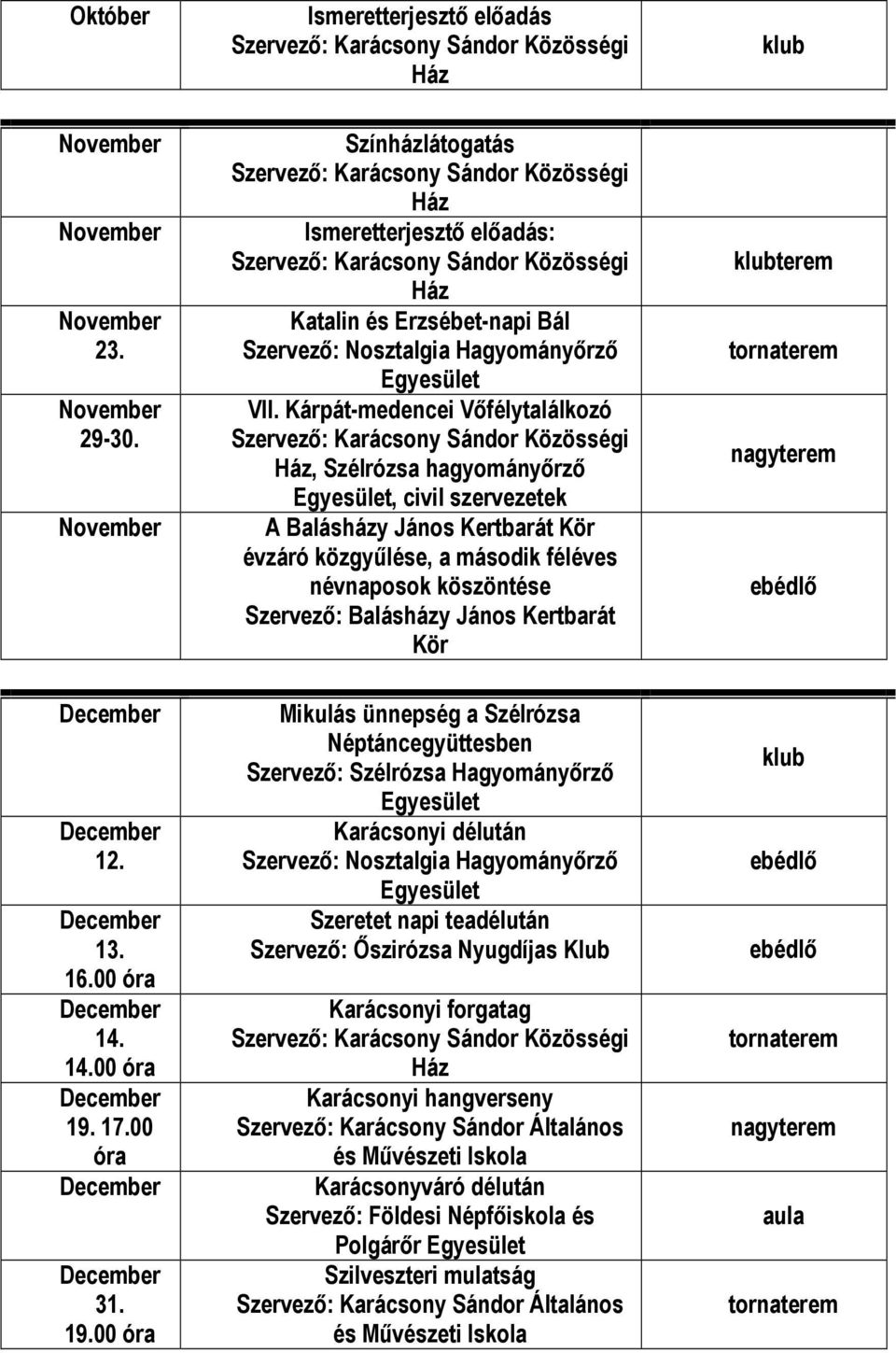 Kárpát-medencei Vőfélytalálkozó, Szélrózsa hagyományőrző Egyesület, civil szervezetek A Balásházy János Kertbarát évzáró közgyűlése, a második féléves névnaposok köszöntése Mikulás ünnepség a