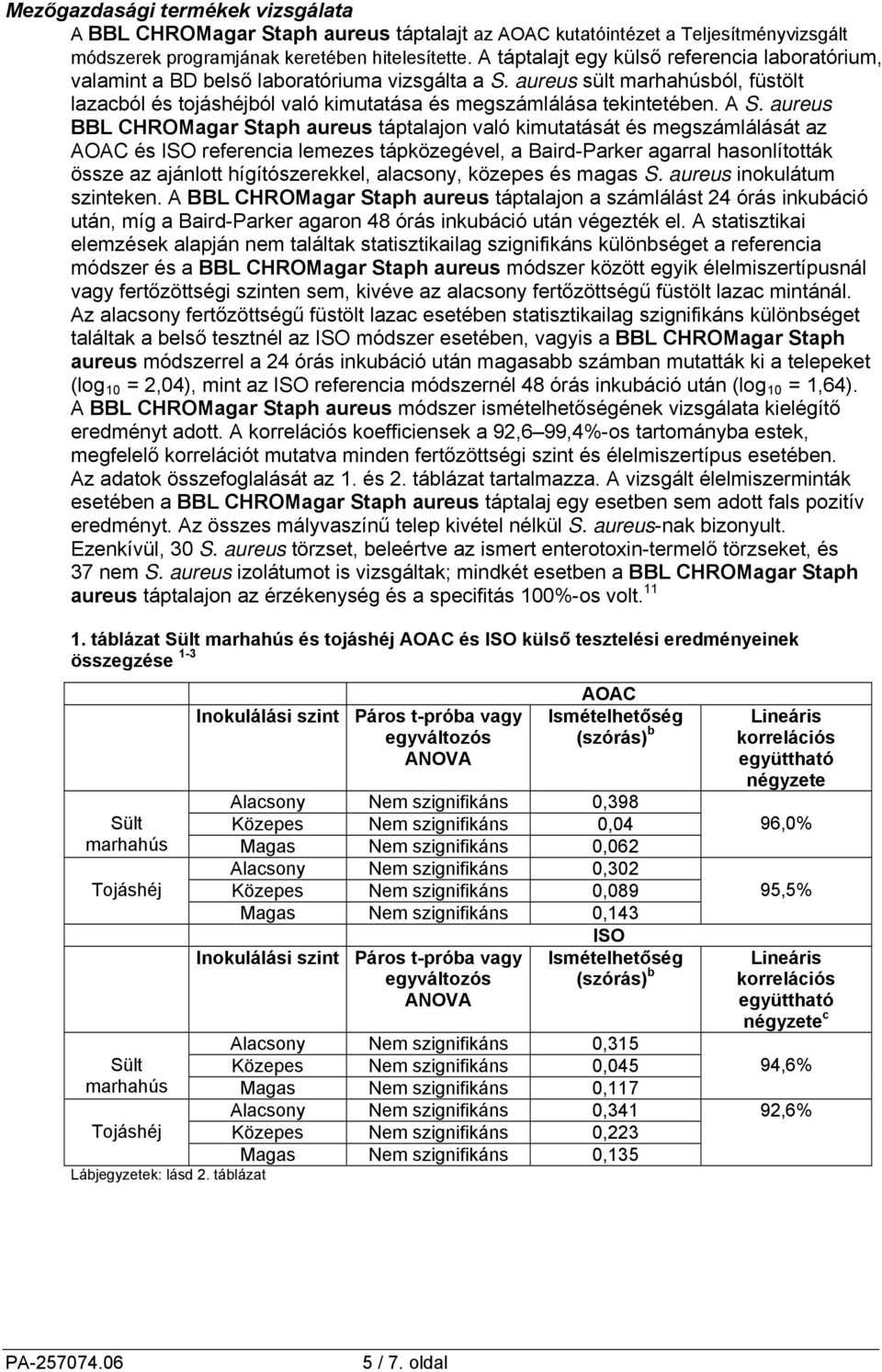 A S. aureus BBL CHROMagar Staph aureus táptalajon való kimutatását és megszámlálását az AOAC és ISO referencia lemezes tápközegével, a Baird-Parker agarral hasonlították össze az ajánlott
