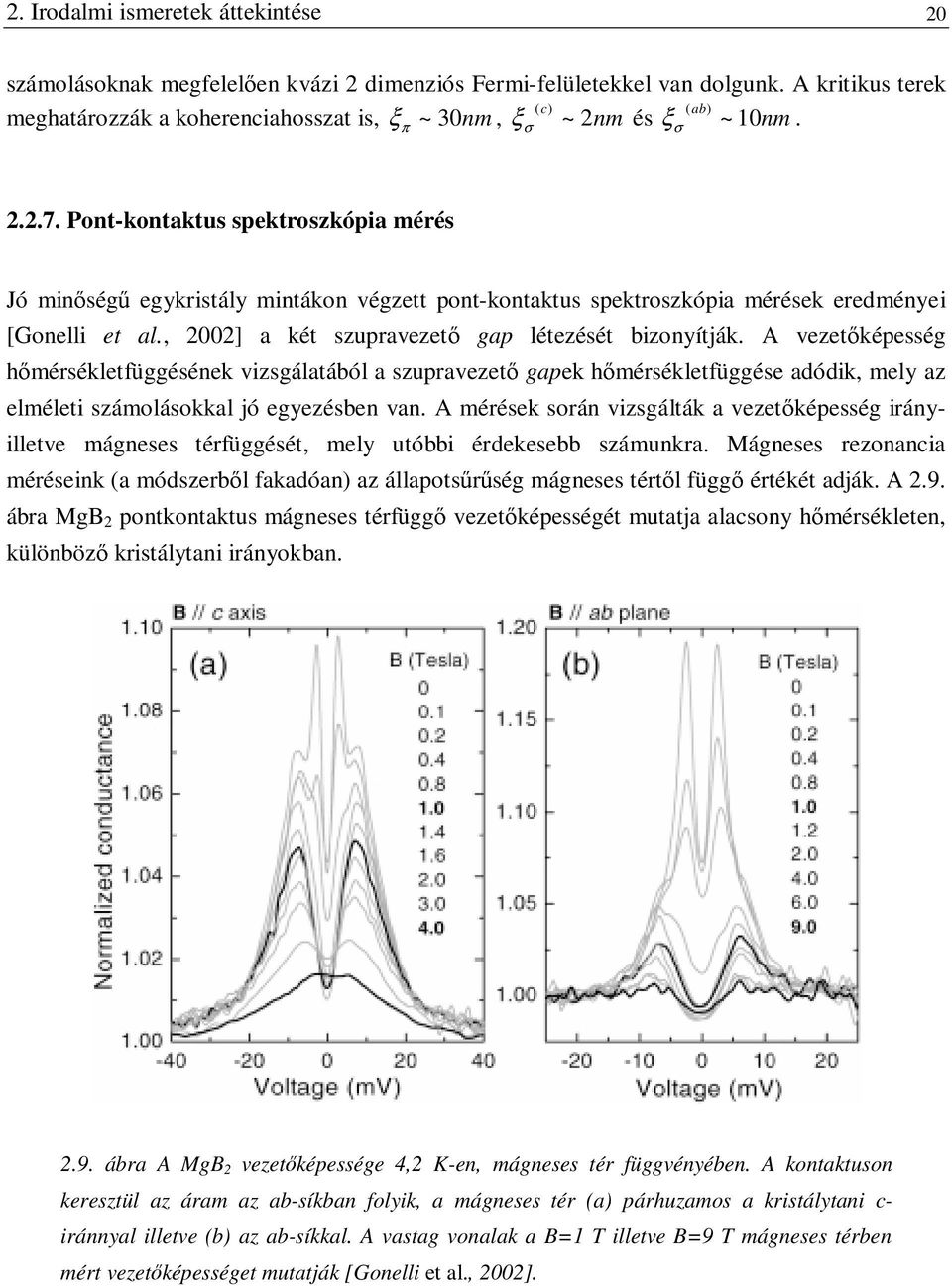 Pont-kontaktus spektroszkópia mérés Jó minőségű egykristály mintákon végzett pont-kontaktus spektroszkópia mérések eredményei [Gonelli et al., 2002] a két szupravezető gap létezését bizonyítják.