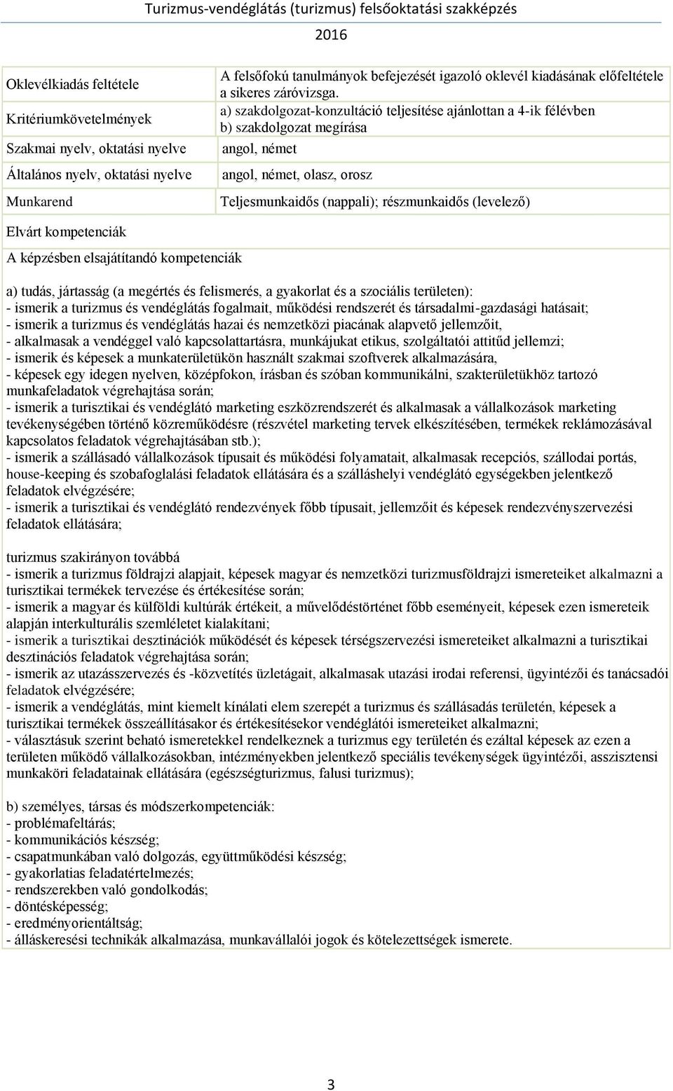 a) szakdolgozat-konzultáció teljesítése ajánlottan a 4-ik félévben b) szakdolgozat megírása angol, német angol, német, olasz, orosz Teljesmunkaidős (nappali); részmunkaidős (levelező) Elvárt