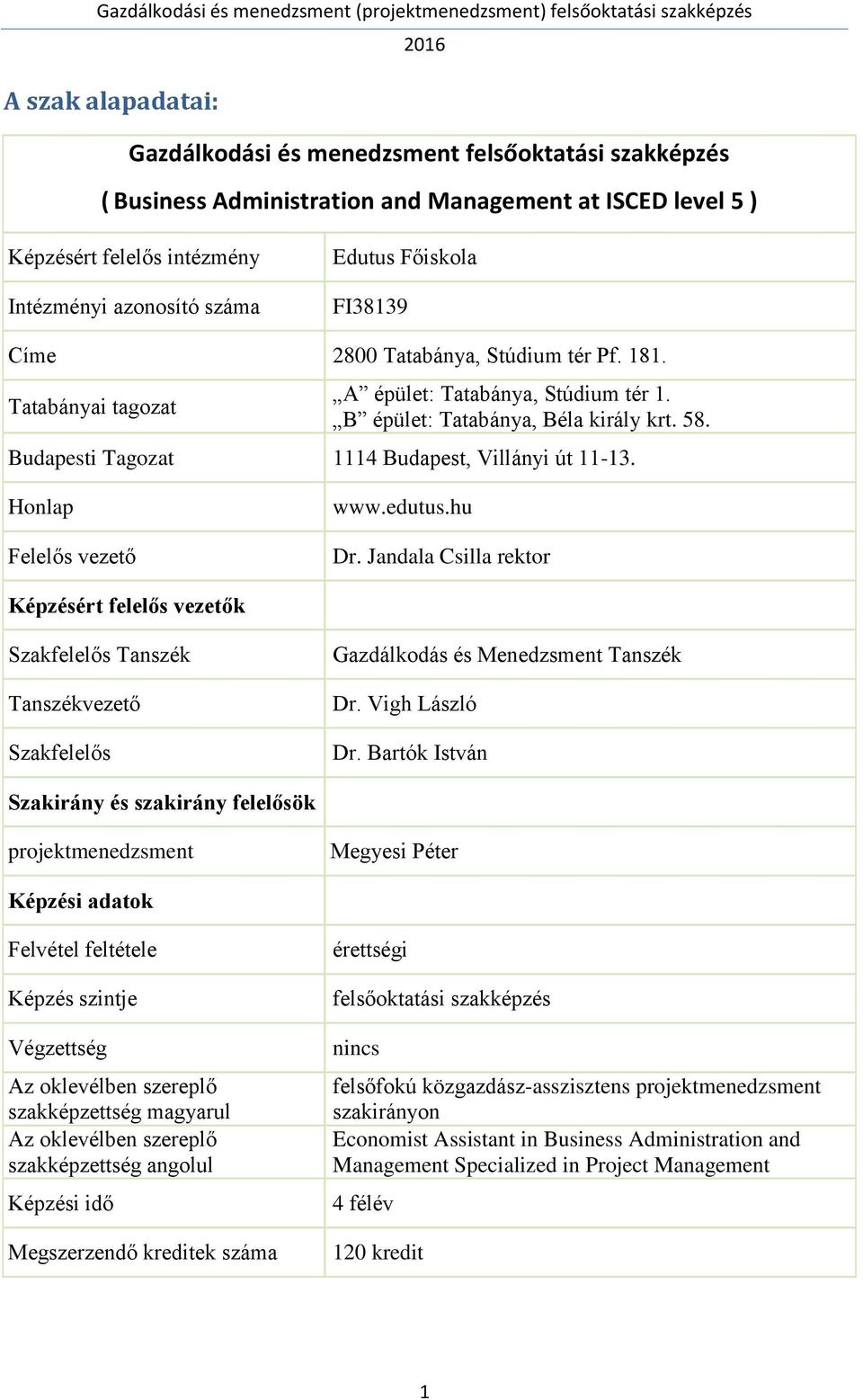 Budapesti Tagozat 1114 Budapest, Villányi út 11-13. Honlap Felelős vezető www.edutus.hu Dr.