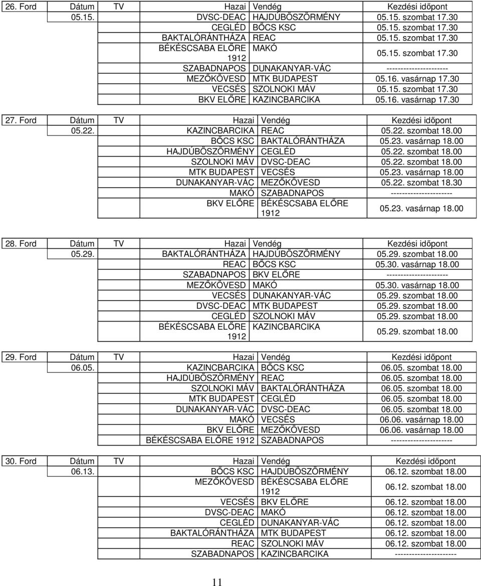 Ford Dátum TV Hazai Vendég Kezdési időpont 05.22. KAZINCBARCIKA REAC 05.22. szombat 18.00 BŐCS KSC BAKTALÓRÁNTHÁZA 18.00 HAJDÚBÖSZÖRMÉNY CEGLÉD 05.22. szombat 18.00 SZOLNOKI MÁV DVSC-DEAC 05.22. szombat 18.00 MTK BUDAPEST VECSÉS 18.