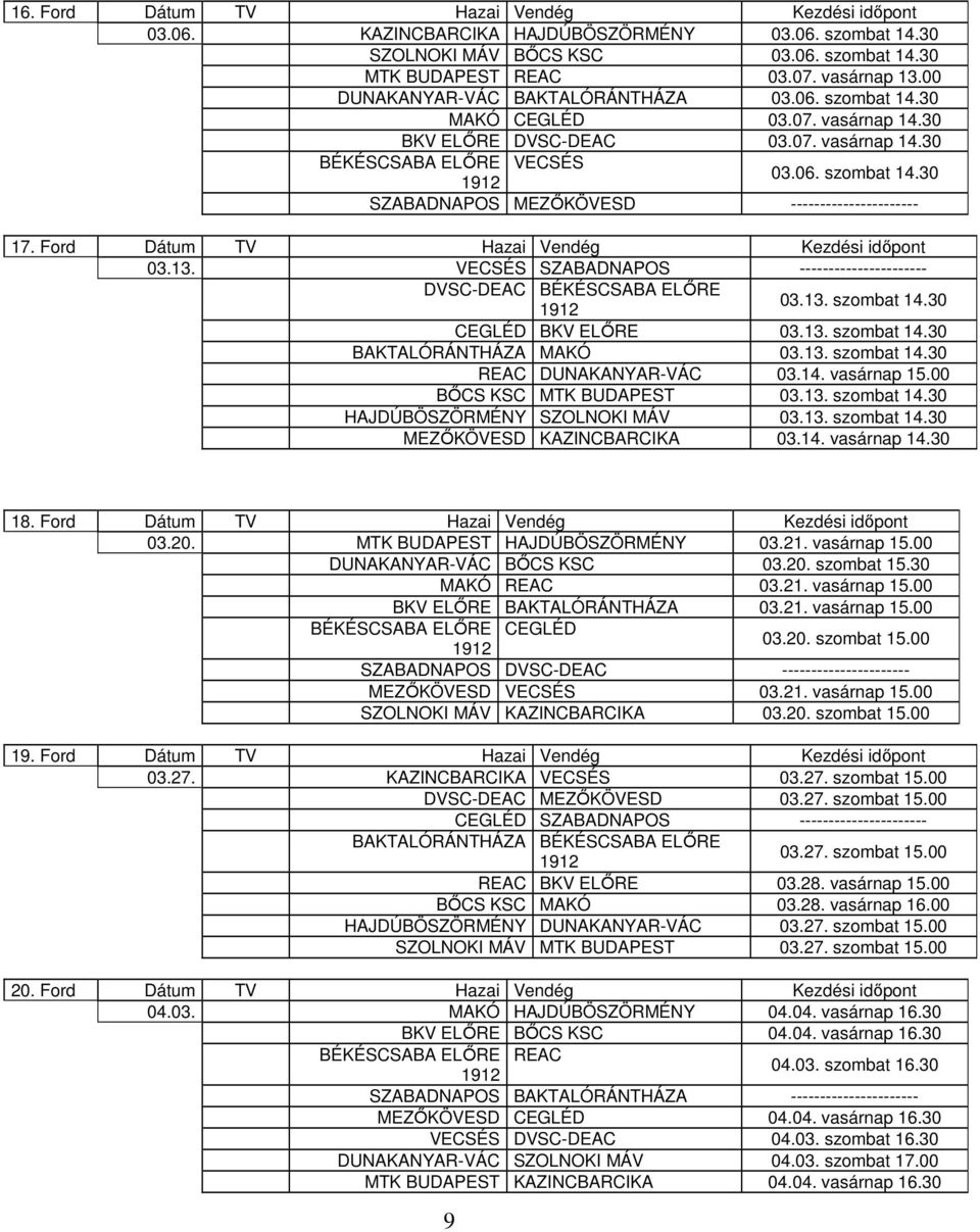 Ford Dátum TV Hazai Vendég Kezdési időpont 03.13. VECSÉS SZABADNAPOS ---------------------- DVSC-DEAC BÉKÉSCSABA ELŐRE 03.13. szombat 14.30 CEGLÉD BKV ELŐRE 03.13. szombat 14.30 BAKTALÓRÁNTHÁZA MAKÓ 03.