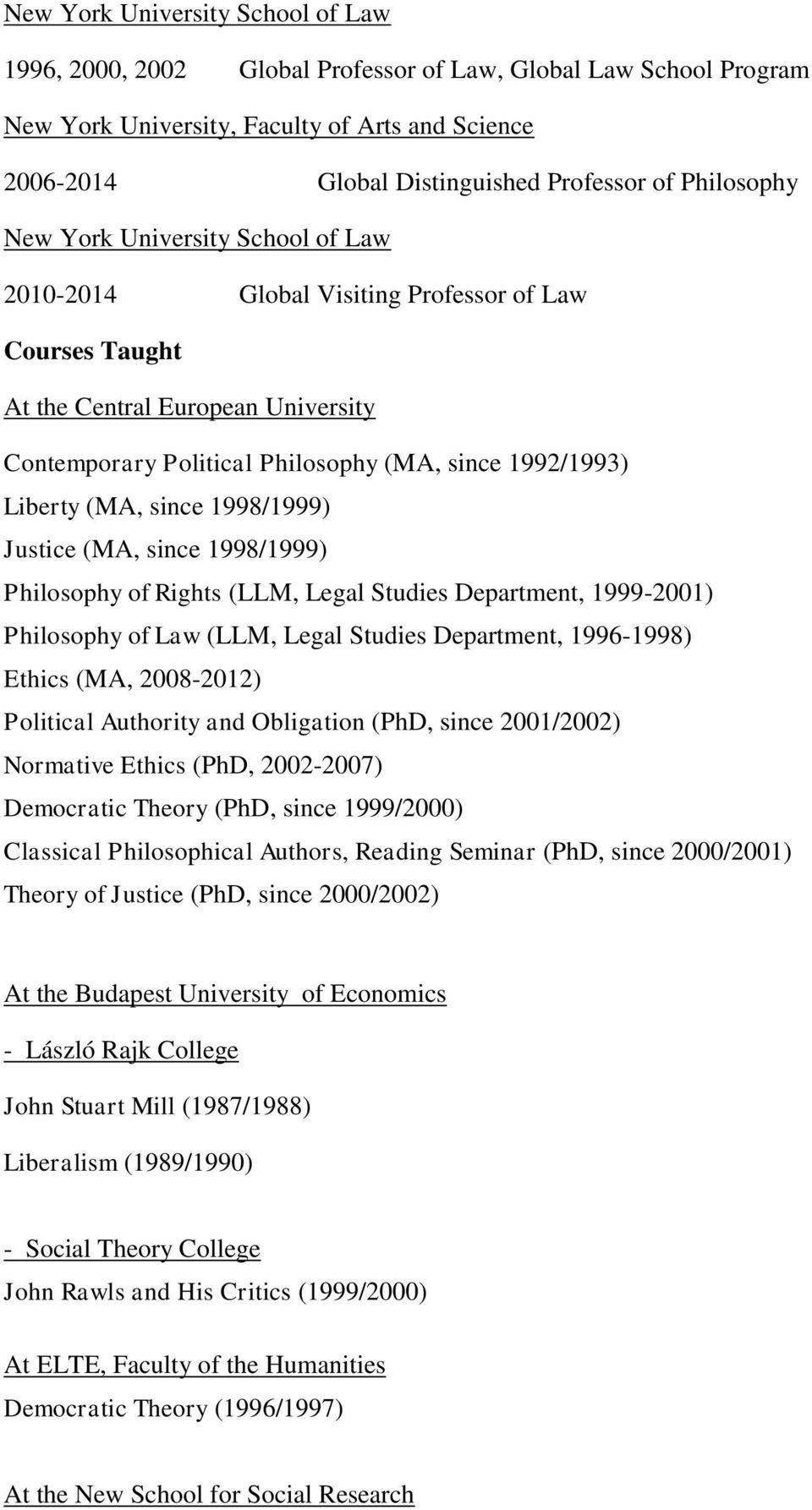 Liberty (MA, since 1998/1999) Justice (MA, since 1998/1999) Philosophy of Rights (LLM, Legal Studies Department, 1999-2001) Philosophy of Law (LLM, Legal Studies Department, 1996-1998) Ethics (MA,