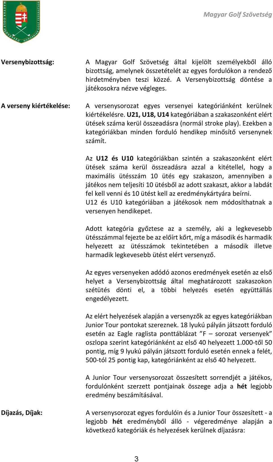 U21, U18, U14 kategóriában a szakaszonként elért ütések száma kerül összeadásra (normál stroke play). Ezekben a kategóriákban minden forduló hendikep minősítő versenynek számít.