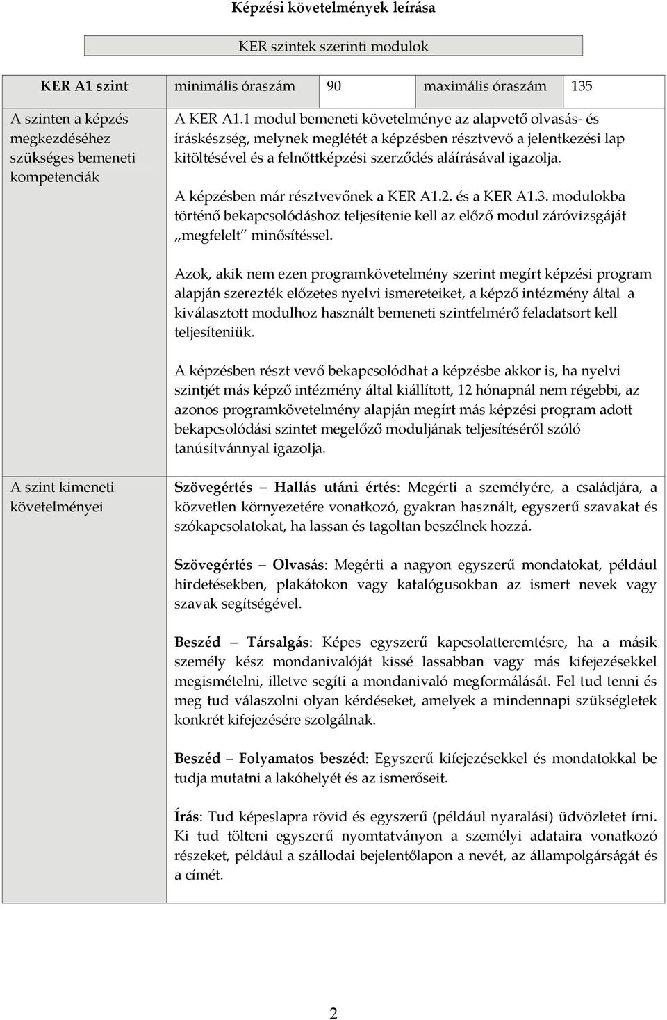 A képzésben már résztvevőnek a KER A1.2. és a KER A1.3. modulokba történő bekapcsolódáshoz teljesítenie kell az előző modul záróvizsgáját megfelelt minősítéssel.