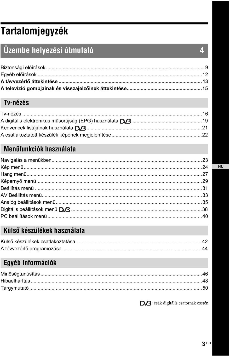 ..23 Kép menü...24 Hang menü...27 Képernyő menü...29 Beállítás menü...31 AV Beállítás menü...33 Analóg beállítások menü...35 Digitális beállítások menü...38 PC beállítások menü.