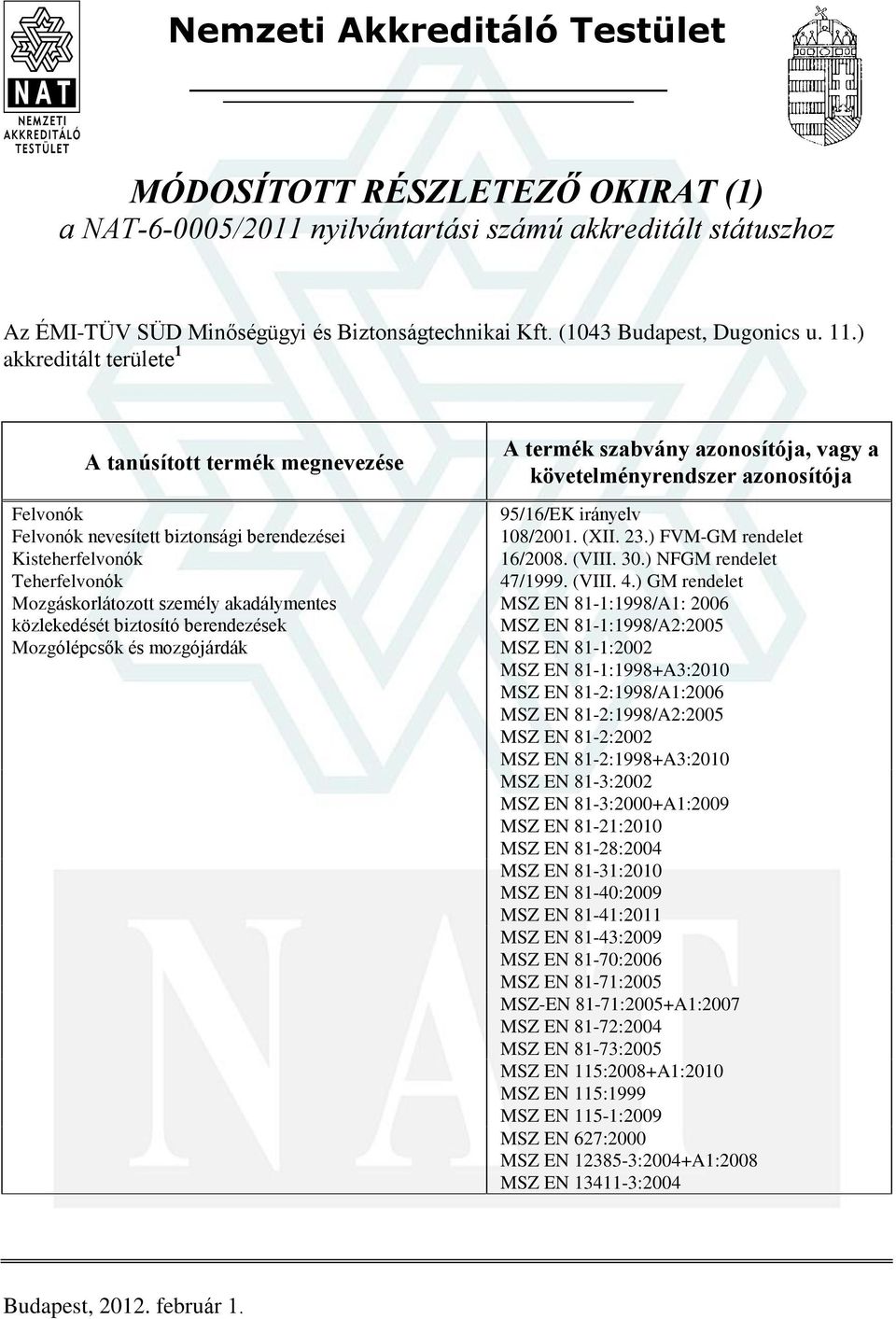 ) akkreditált területe 1 Felvonók Felvonók nevesített biztonsági berendezései Kisteherfelvonók Teherfelvonók Mozgáskorlátozott személy akadálymentes közlekedését biztosító berendezések Mozgólépcsõk