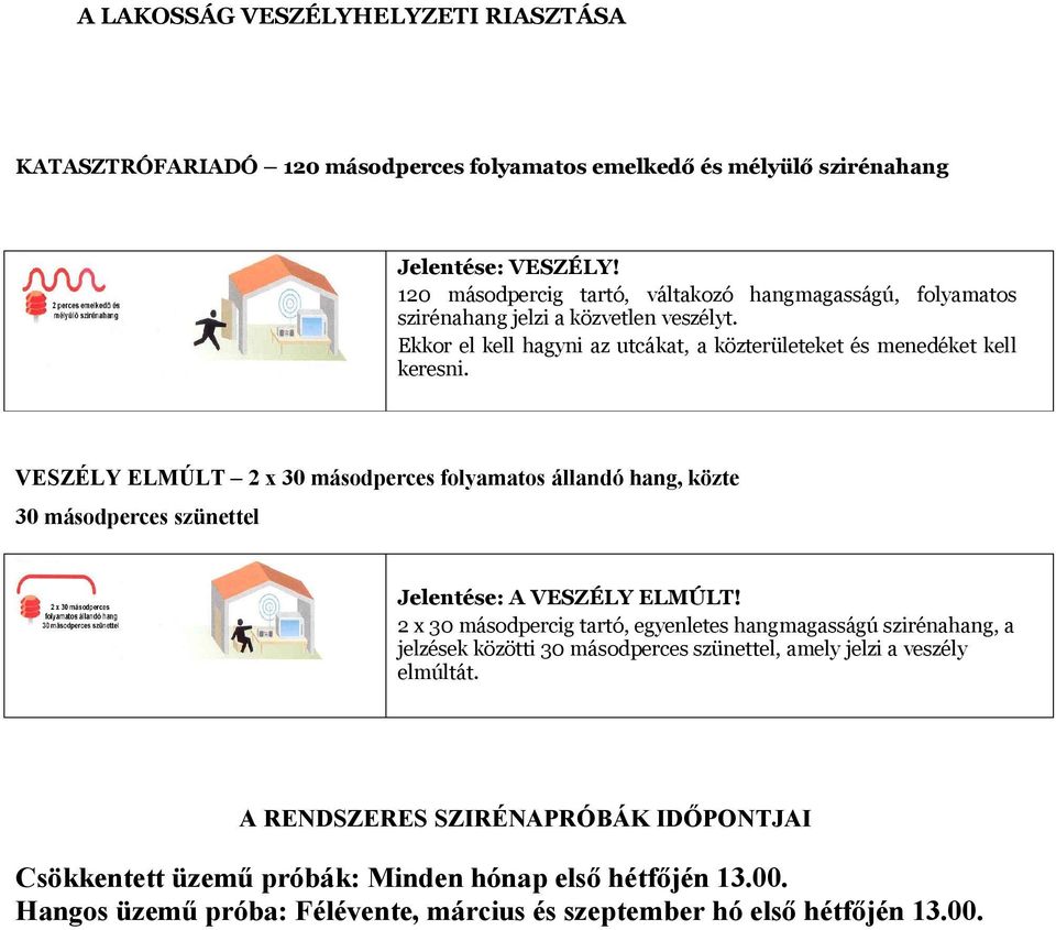 VESZÉLY ELMÚLT 2 x 30 másodperces folyamatos állandó hang, közte 30 másodperces szünettel Jelentése: A VESZÉLY ELMÚLT!