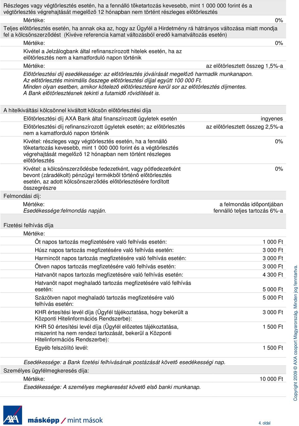 Kivétel a Jelzálogbank által refinanszírozott hitelek esetén, ha az elıtörlesztés nem a kamatforduló napon történik az elıtörlesztett összeg 1,5%-a Elıtörlesztési díj esedékessége: az elıtörlesztés