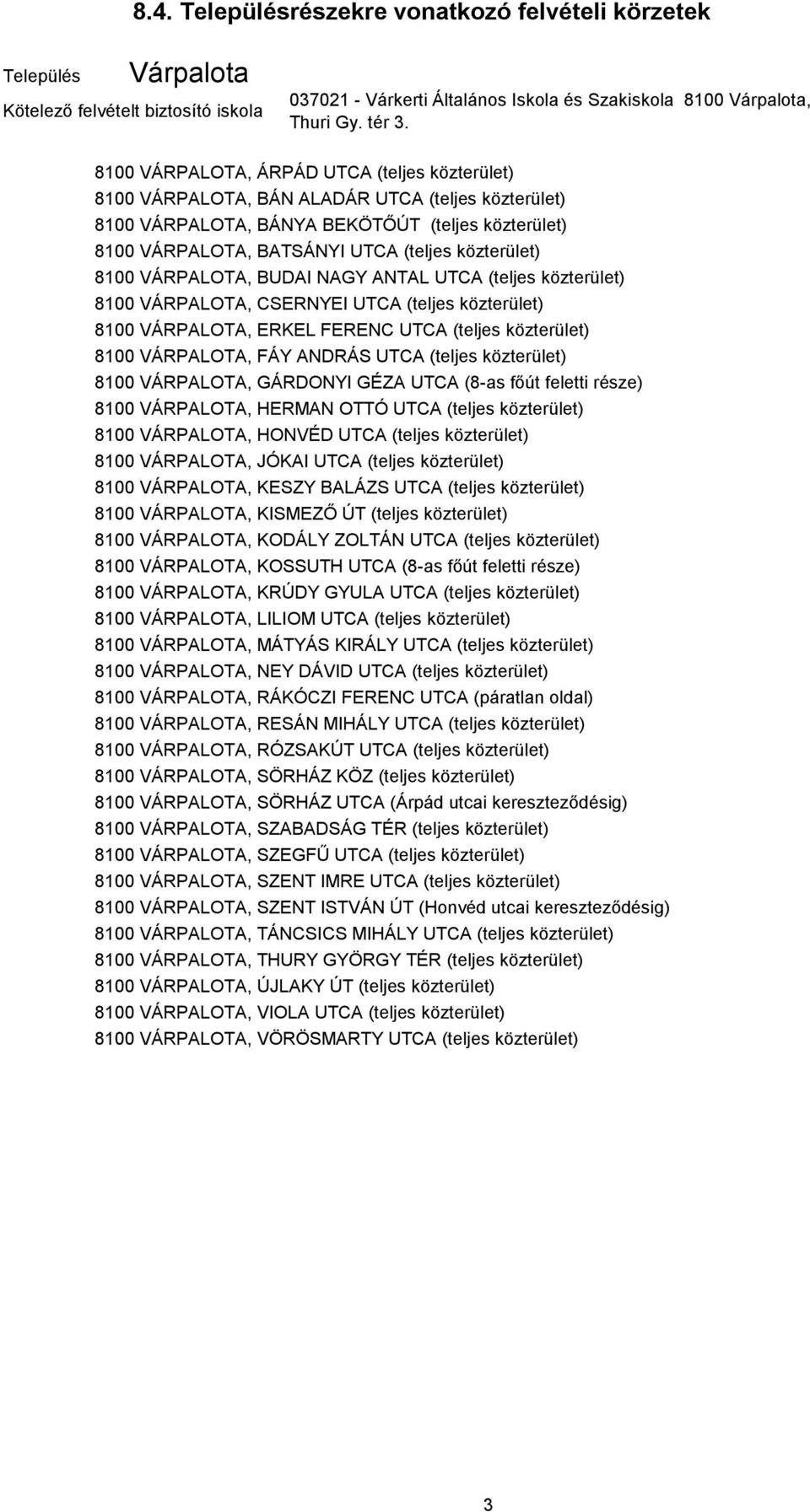 8100 VÁRPALOTA, BUDAI NAGY ANTAL UTCA (teljes közterület) 8100 VÁRPALOTA, CSERNYEI UTCA (teljes közterület) 8100 VÁRPALOTA, ERKEL FERENC UTCA (teljes közterület) 8100 VÁRPALOTA, FÁY ANDRÁS UTCA