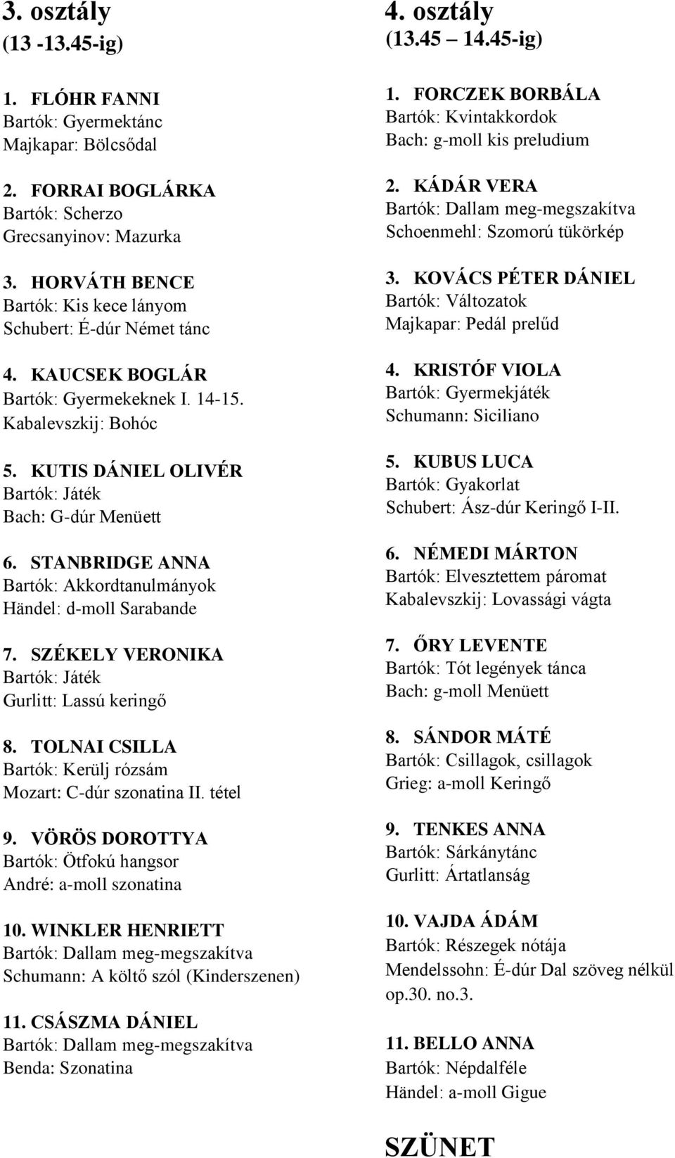 STANBRIDGE ANNA Bartók: Akkordtanulmányok Händel: d-moll Sarabande 7. SZÉKELY VERONIKA Bartók: Játék Gurlitt: Lassú keringő 8. TOLNAI CSILLA Bartók: Kerülj rózsám Mozart: C-dúr szonatina II. tétel 9.