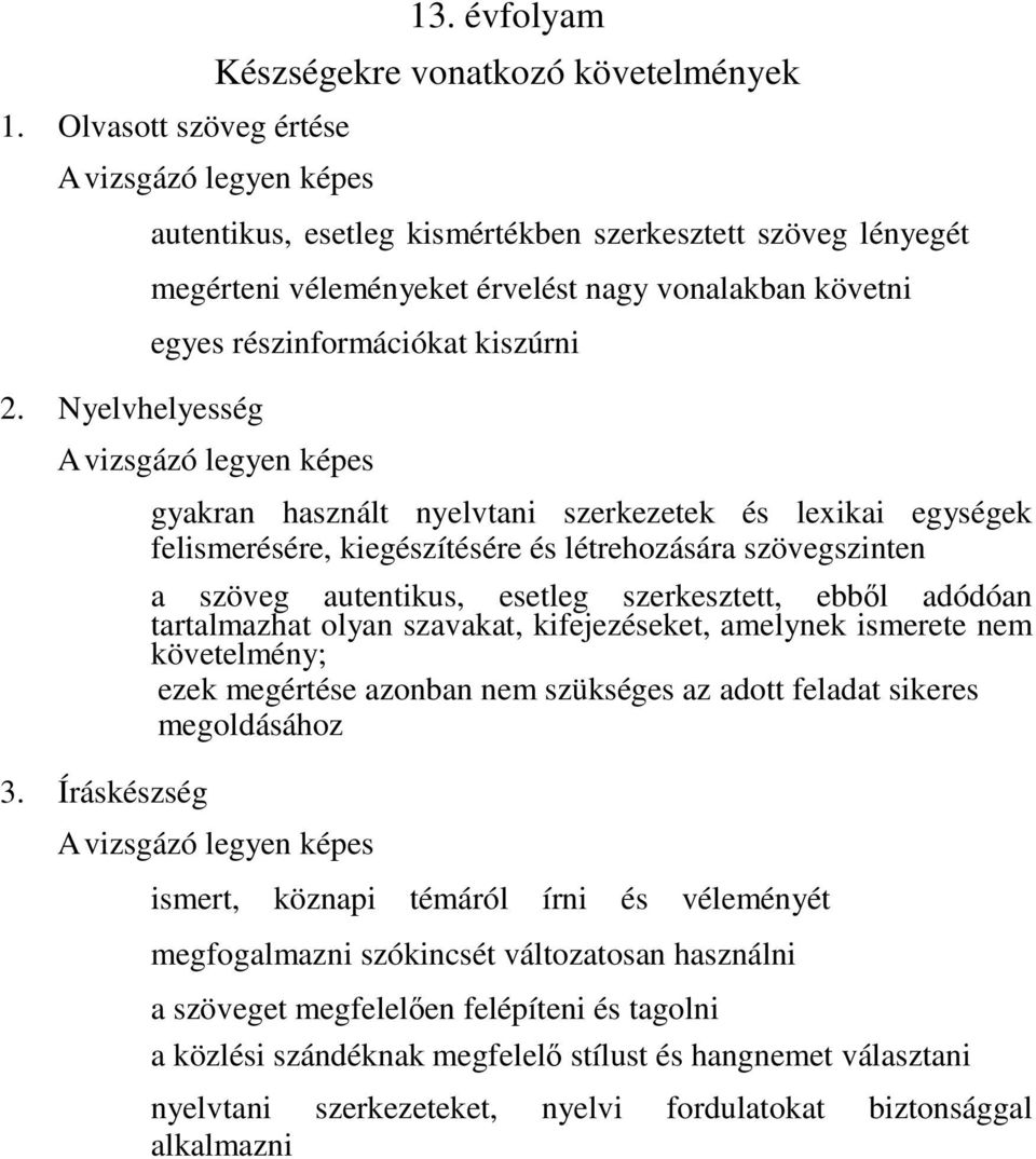 Íráskészség gyakran használt nyelvtani szerkezetek és lexikai egységek felismerésére, kiegészítésére és létrehozására szövegszinten a szöveg autentikus, esetleg szerkesztett, ebből adódóan