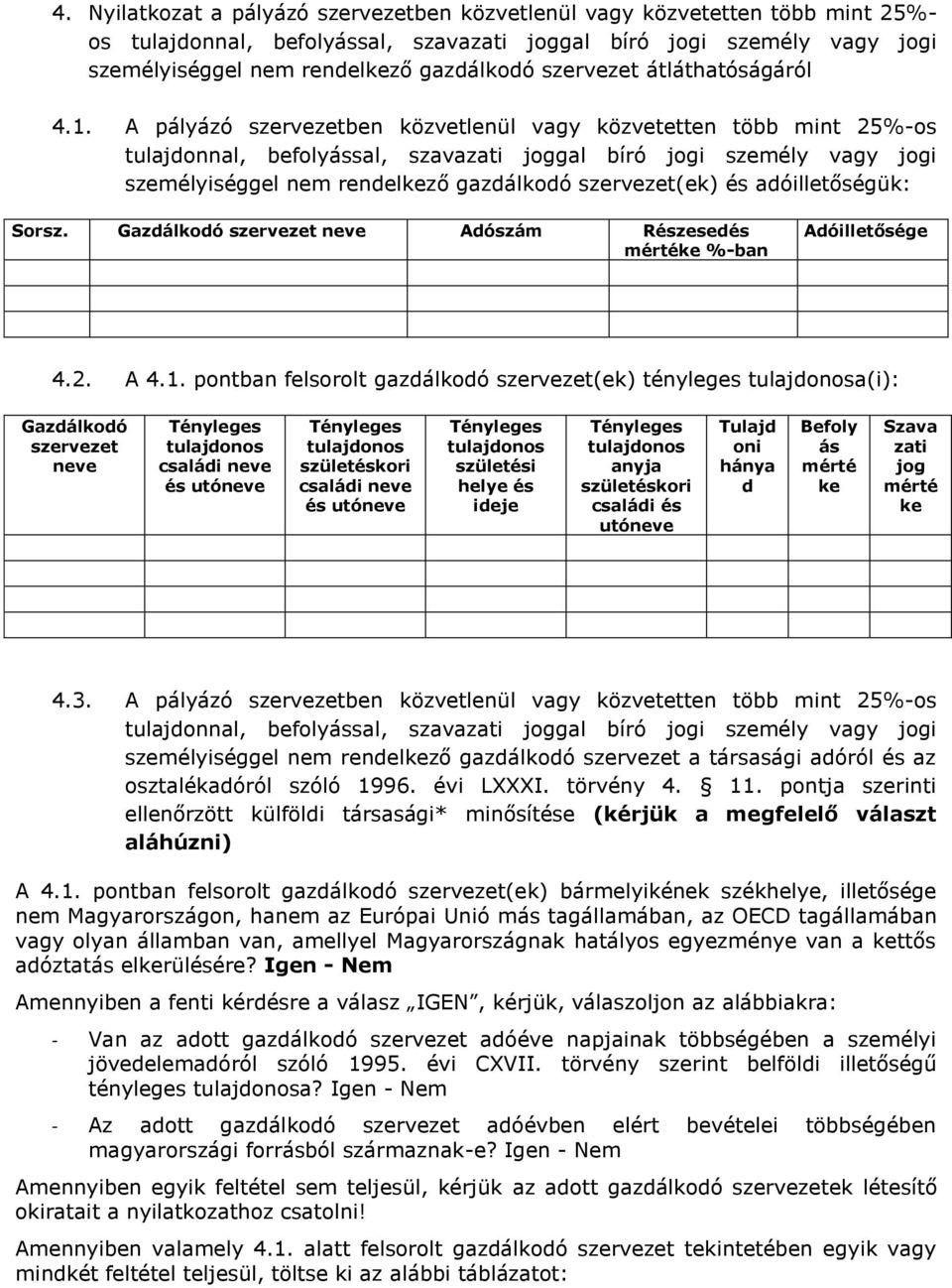 A pályázó szervezetben közvetlenül vagy közvetetten több mint 25%-os tulajdonnal, befolyással, szavazati joggal bíró jogi személy vagy jogi személyiséggel nem rendelkező gazdálkodó szervezet(ek) és