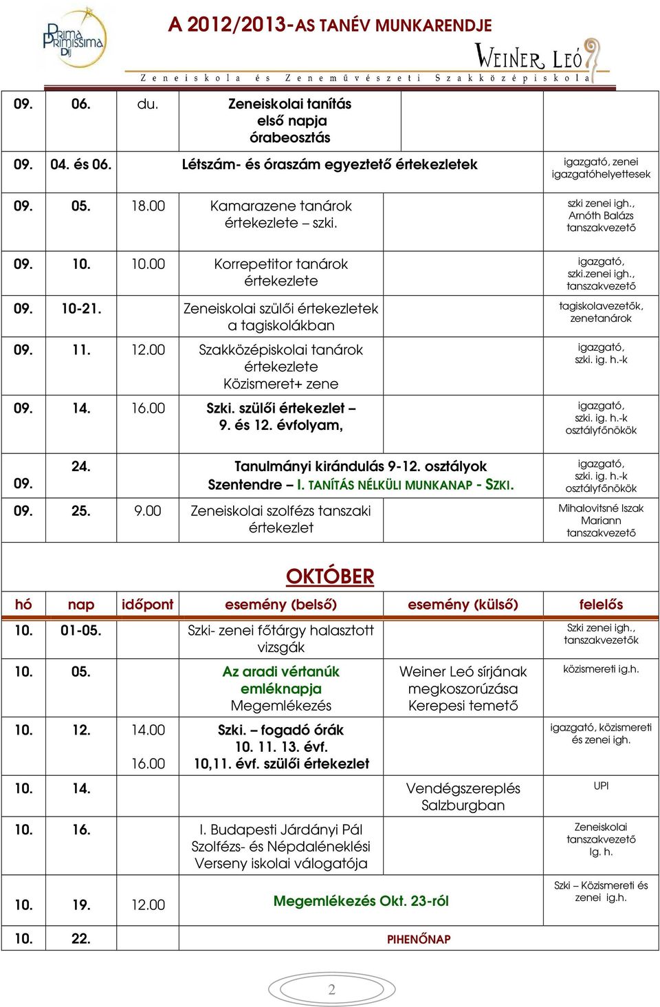 szülői értekezlet 9. és 12. évfolyam, 09. 24. Tanulmányi kirándulás 9-12. osztályok Szentendre I. TANÍTÁS NÉLKÜLI MUNKANAP - SZKI. 09. 25. 9.00 Zeneiskolai szolfézs tanszaki értekezlet szki zenei igh.