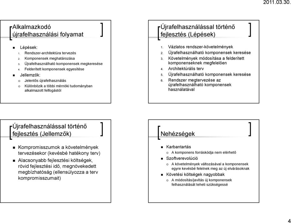 Vázlatos rendszer-követelmények 2. Újrafelhasználható komponensek keresése 3. Követelmények módosítása a felderített komponenseknek megfelelően 4. Architektúrális terv 5.