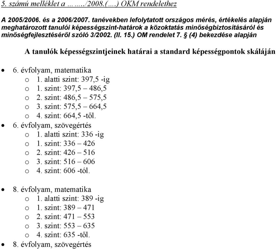 (4) bekezdése alapján A tanulók képességszintjeinek határai a standard képességpontok skáláján 6. évfolyam, matematika o 1. alatti szint: 397,5 -ig o 1. szint: 397,5 486,5 o 2. szint: 486,5 575,5 o 3.