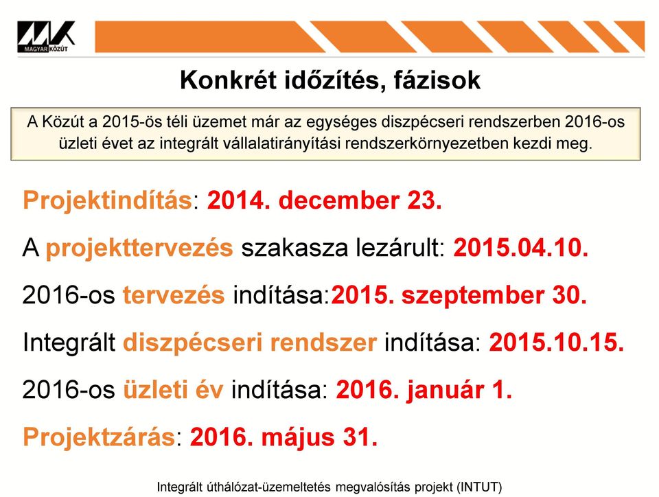 A projekttervezés szakasza lezárult: 2015.04.10. 2016-os tervezés indítása:2015. szeptember 30.