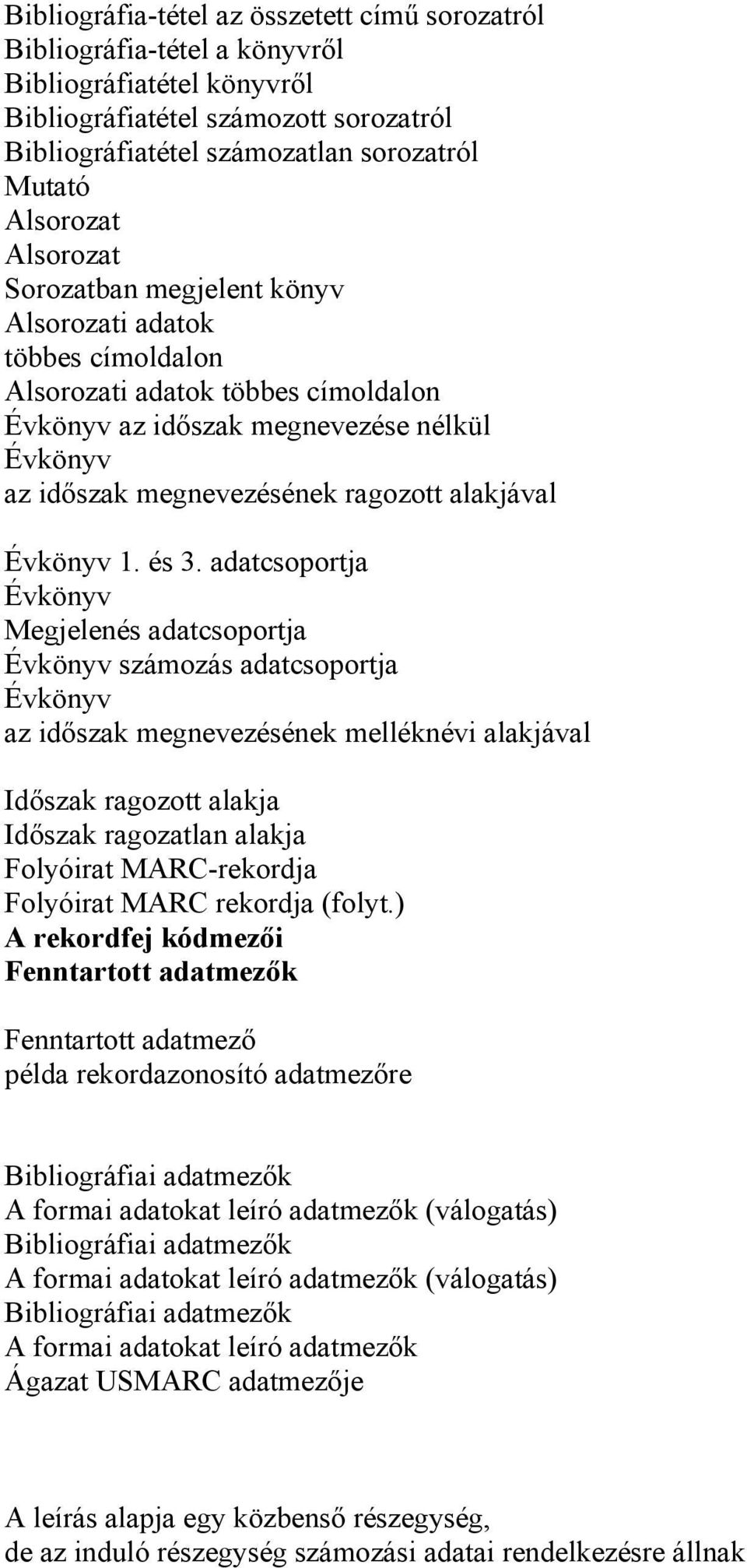 adatcsoportja Megjelenés adatcsoportja számozás adatcsoportja az időszak megnevezésének melléknévi alakjával Időszak ragozott alakja Időszak ragozatlan alakja Folyóirat MARC-rekordja Folyóirat MARC