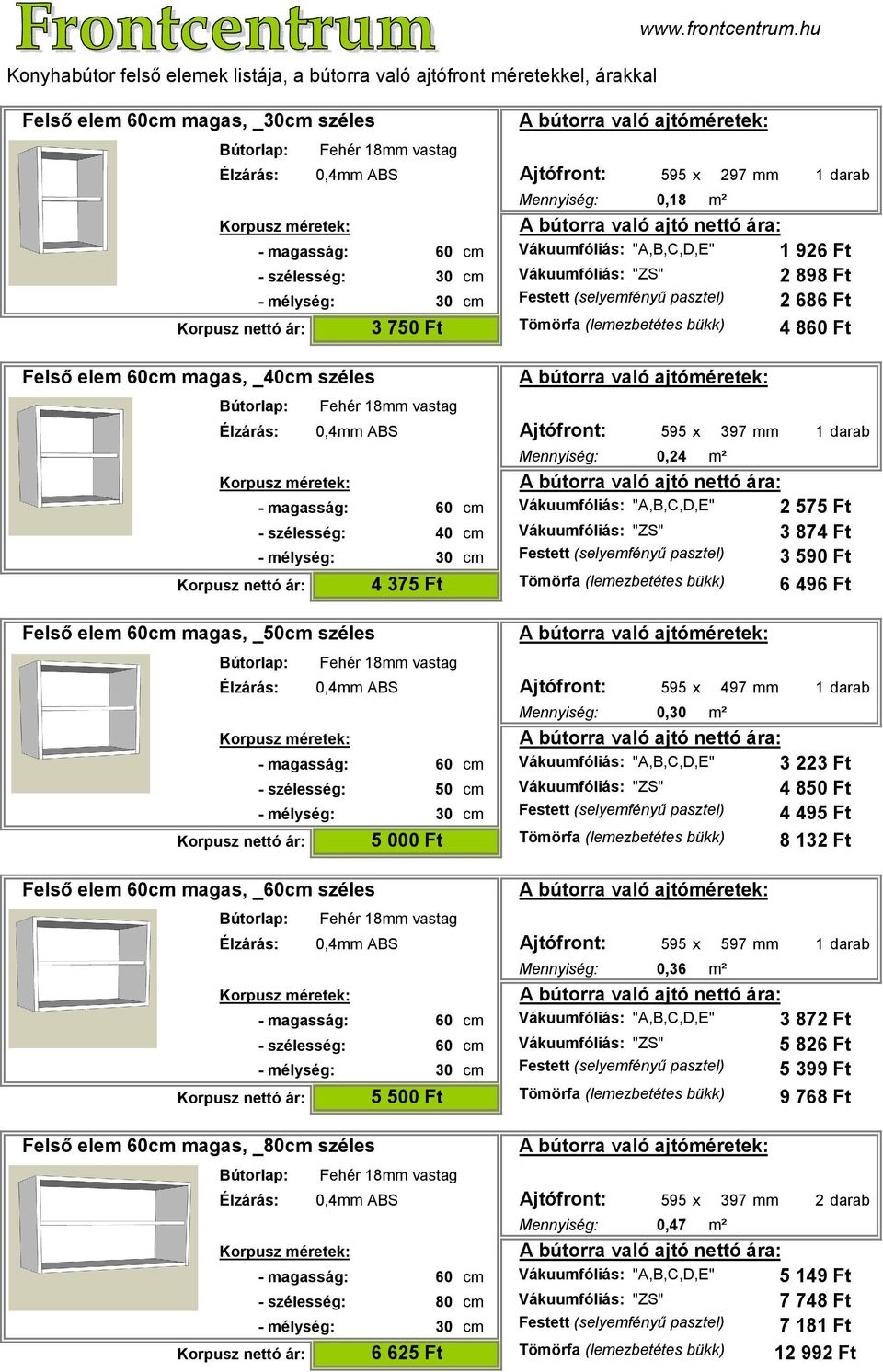 Vákuumfóliás: "ZS" Élzárás: 0,4mm ABS Ajtófront: 595 x 497 mm 1 darab Felső elem 60cm magas, _60cm széles Mennyiség: 0,30 m² 3 223 Ft 4 85 4 495 Ft Tömörfa (lemezbetétes bükk) 8 132 Ft - szélesség: