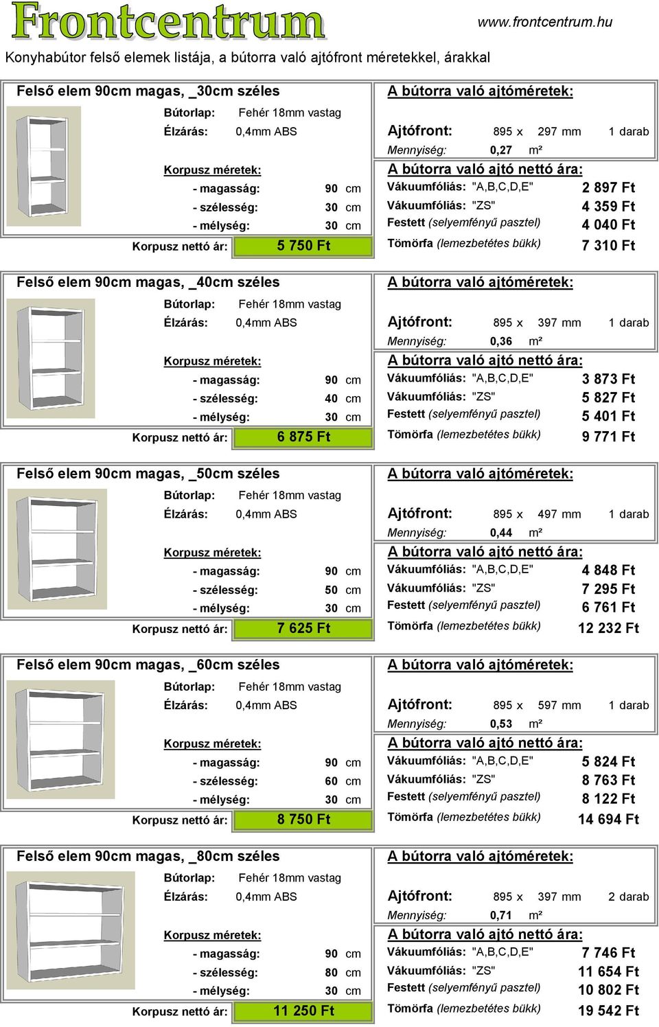 Vákuumfóliás: "ZS" Élzárás: 0,4mm ABS Ajtófront: 895 x 497 mm 1 darab Felső elem 90cm magas, _60cm széles Mennyiség: 0,44 m² 4 848 Ft 7 295 Ft 6 761 Ft 7 625 Ft Tömörfa (lemezbetétes bükk) 12 232 Ft