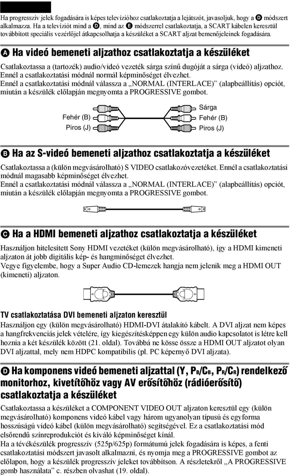 A Ha videó bemeneti aljzathoz csatlakoztatja a készüléket Csatlakoztassa a (tartozék) audio/videó vezeték sárga színű dugóját a sárga (videó) aljzathoz.