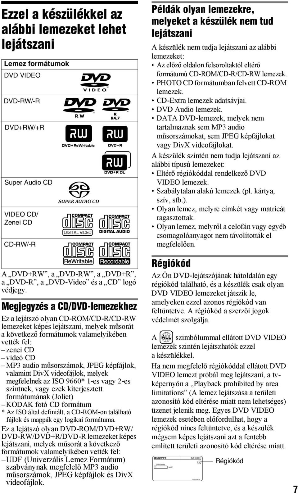 Megjegyzés a CD/DVD-lemezekhez Ez a lejátszó olyan CD-ROM/CD-R/CD-RW lemezeket képes lejátszani, melyek műsorát a következő formátumok valamelyikében vették fel: zenei CD videó CD MP3 audio