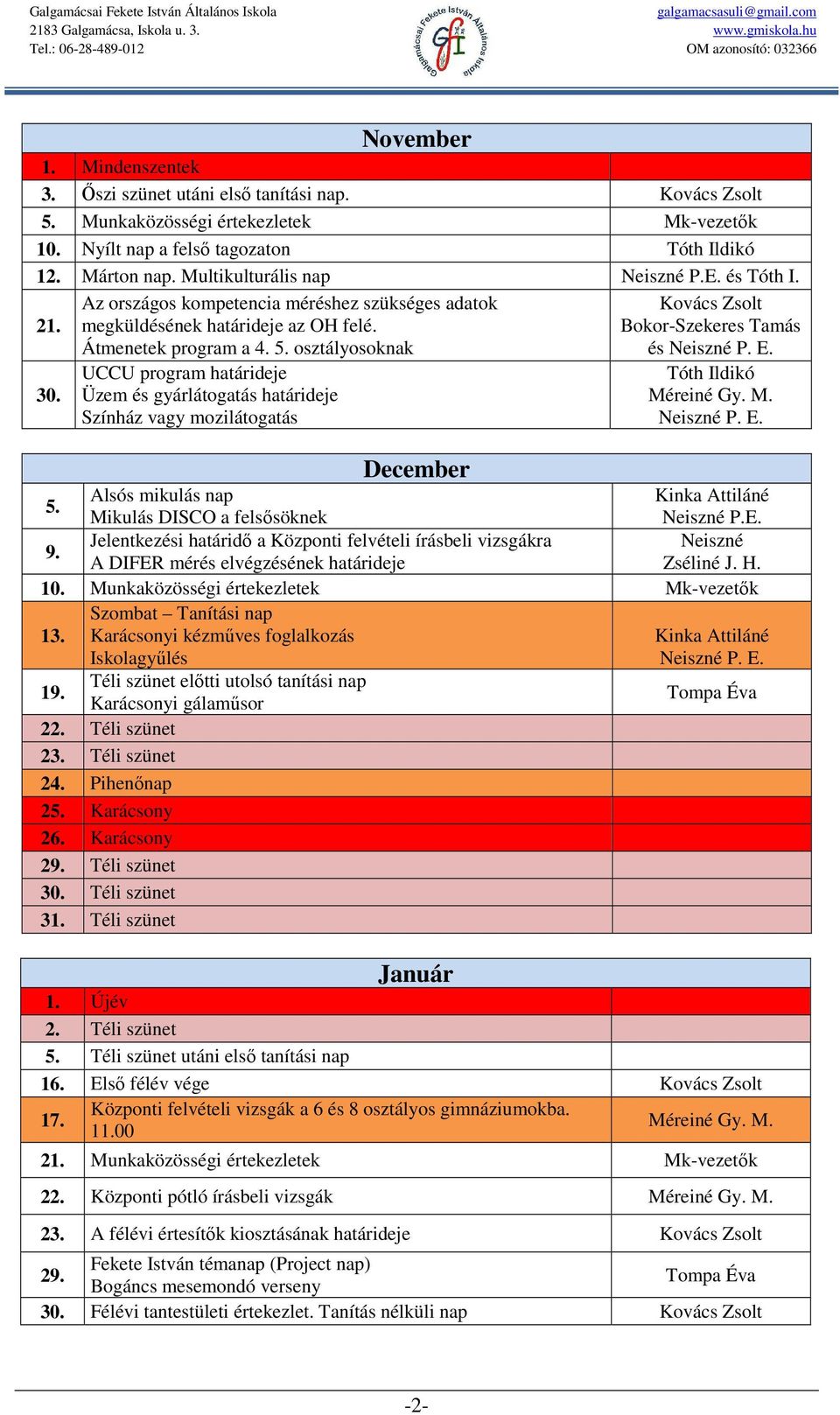 osztályosoknak UCCU program határideje Üzem és gyárlátogatás határideje Színház vagy mozilátogatás December Kovács Zsolt Bokor-Szekeres Tamás és Tóth Ildikó 5.