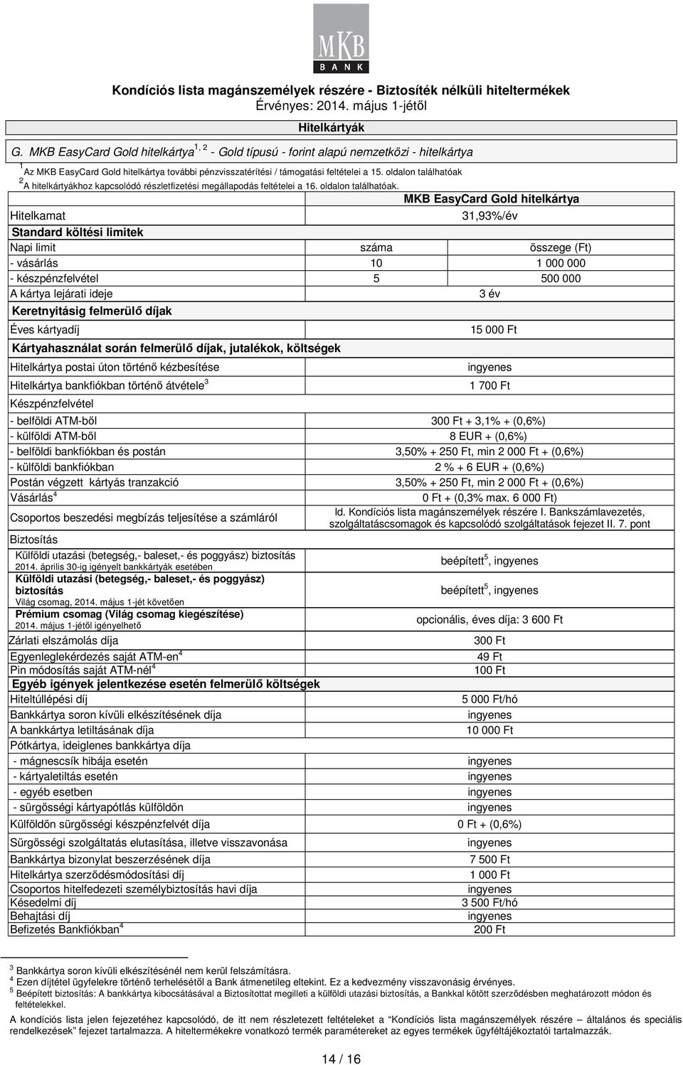 MKB EasyCard Gold hitelkártya Hitelkamat 31,93%/év Standard költési limitek Napi limit száma összege (Ft) - vásárlás 10 1 000 000 - készpénzfelvétel 5 500 000 A kártya lejárati ideje 3 év